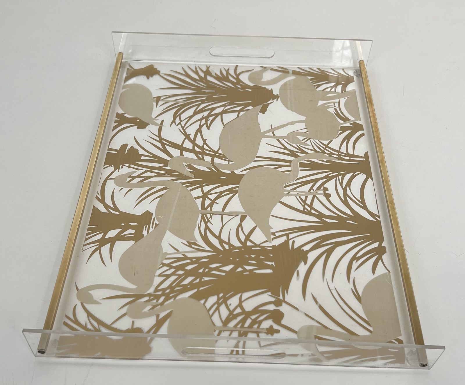 photo for sale Pair Of Plexiglass And Brass Trays With Golden Bird Decor