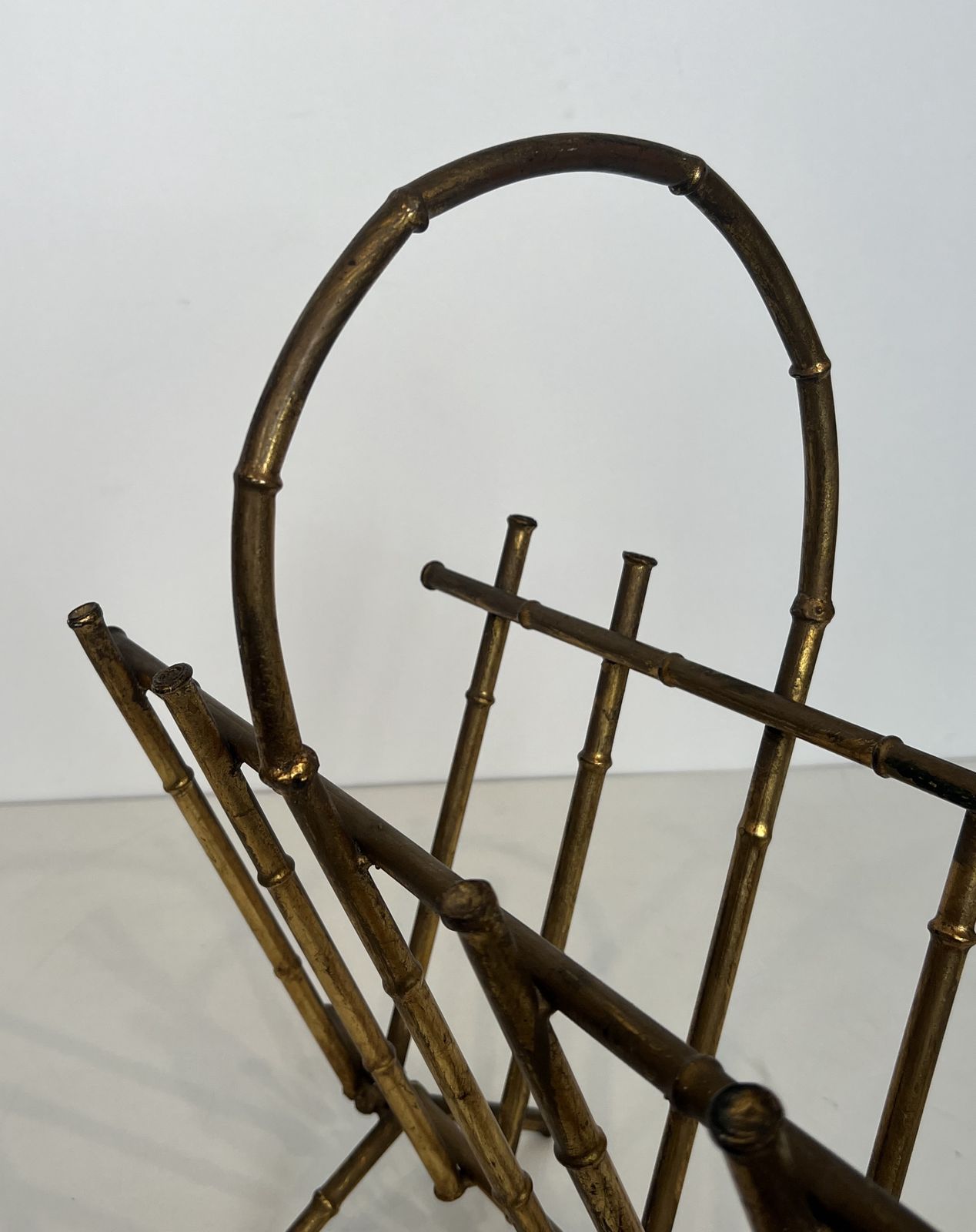 Faux Bamboo Style Gold Metal Magazine Rack Attributed To Maison Baguès photo vinterior