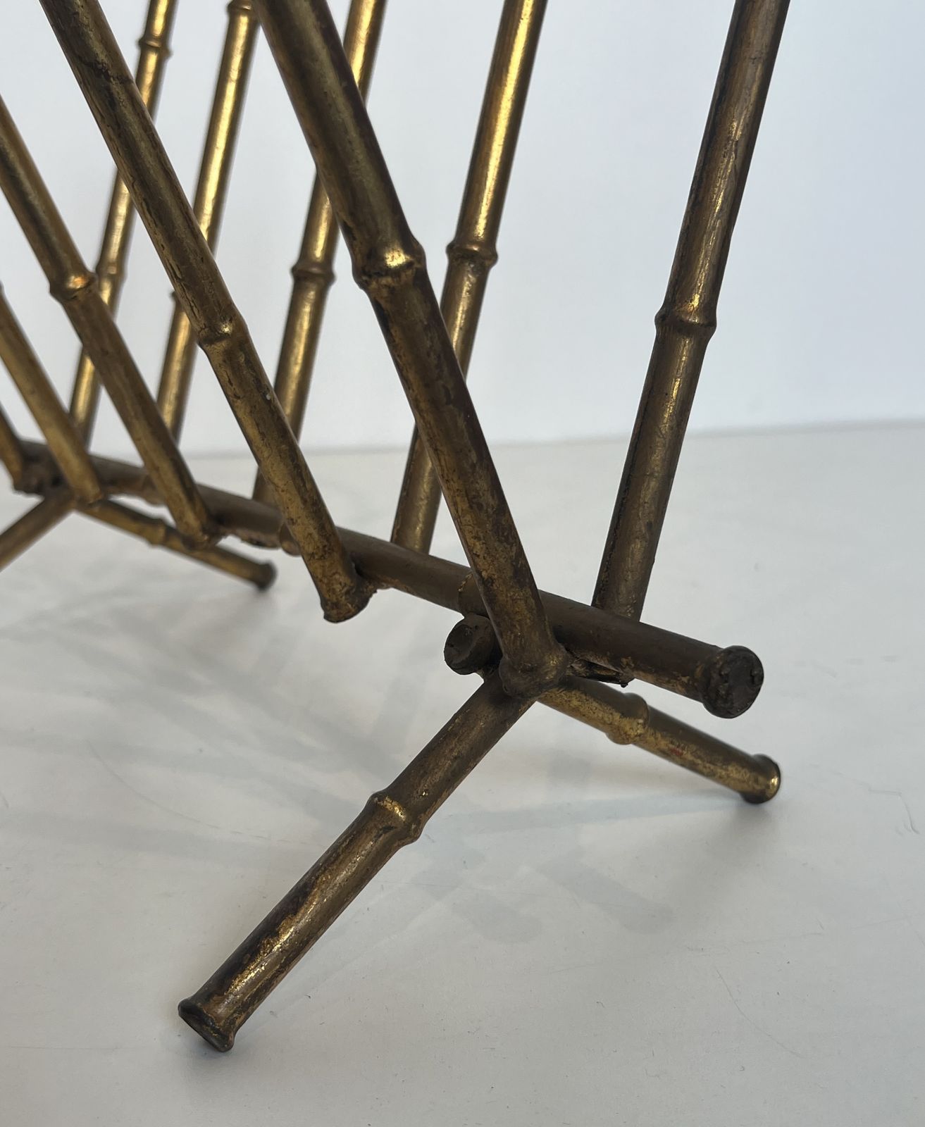 photo for sale Faux Bamboo Style Gold Metal Magazine Rack Attributed To Maison Baguès