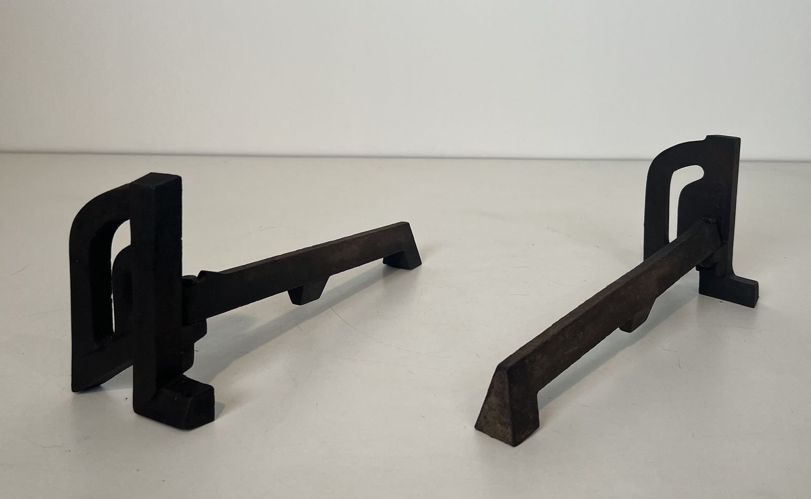 Pair Of Small Modernist Cast Iron And Wrought Iron Andirons photo vinterior