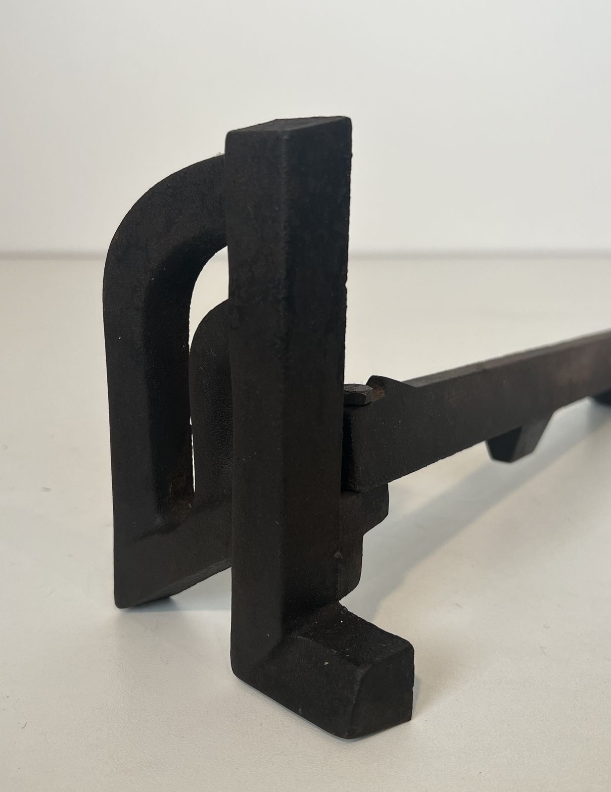 photo for sale Pair Of Small Modernist Cast Iron And Wrought Iron Andirons