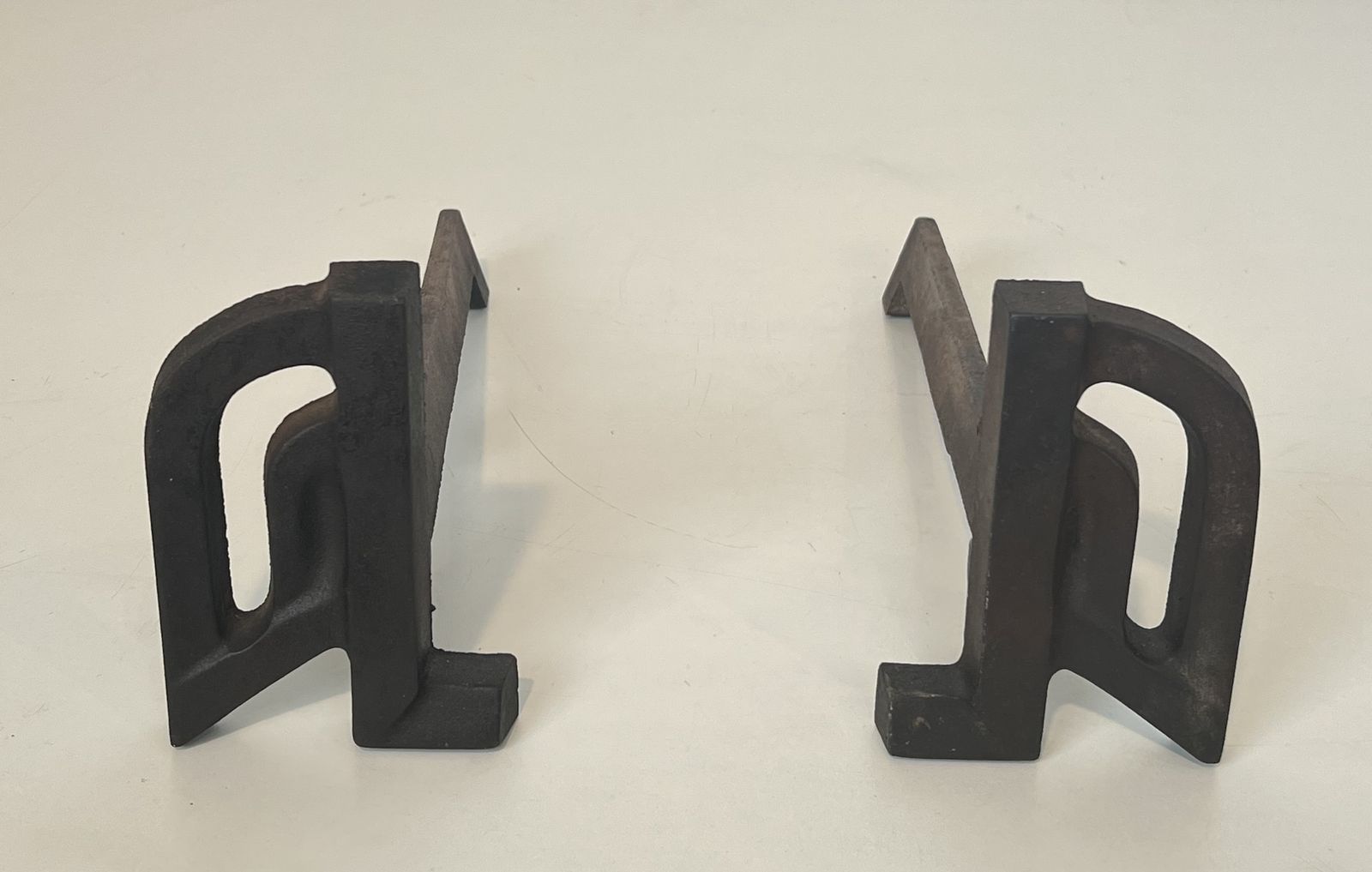 750.0 Pair Of Small Modernist Cast Iron And Wrought Iron Andirons photo