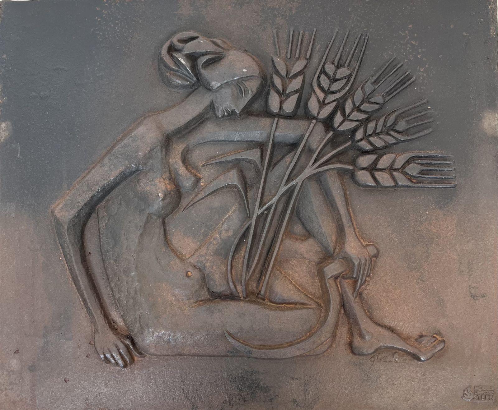 Modernist Cast Iron Fireplace Plate Depicting A Nude Woman Holding A Scythe And Ears Of Wheat photo furniture