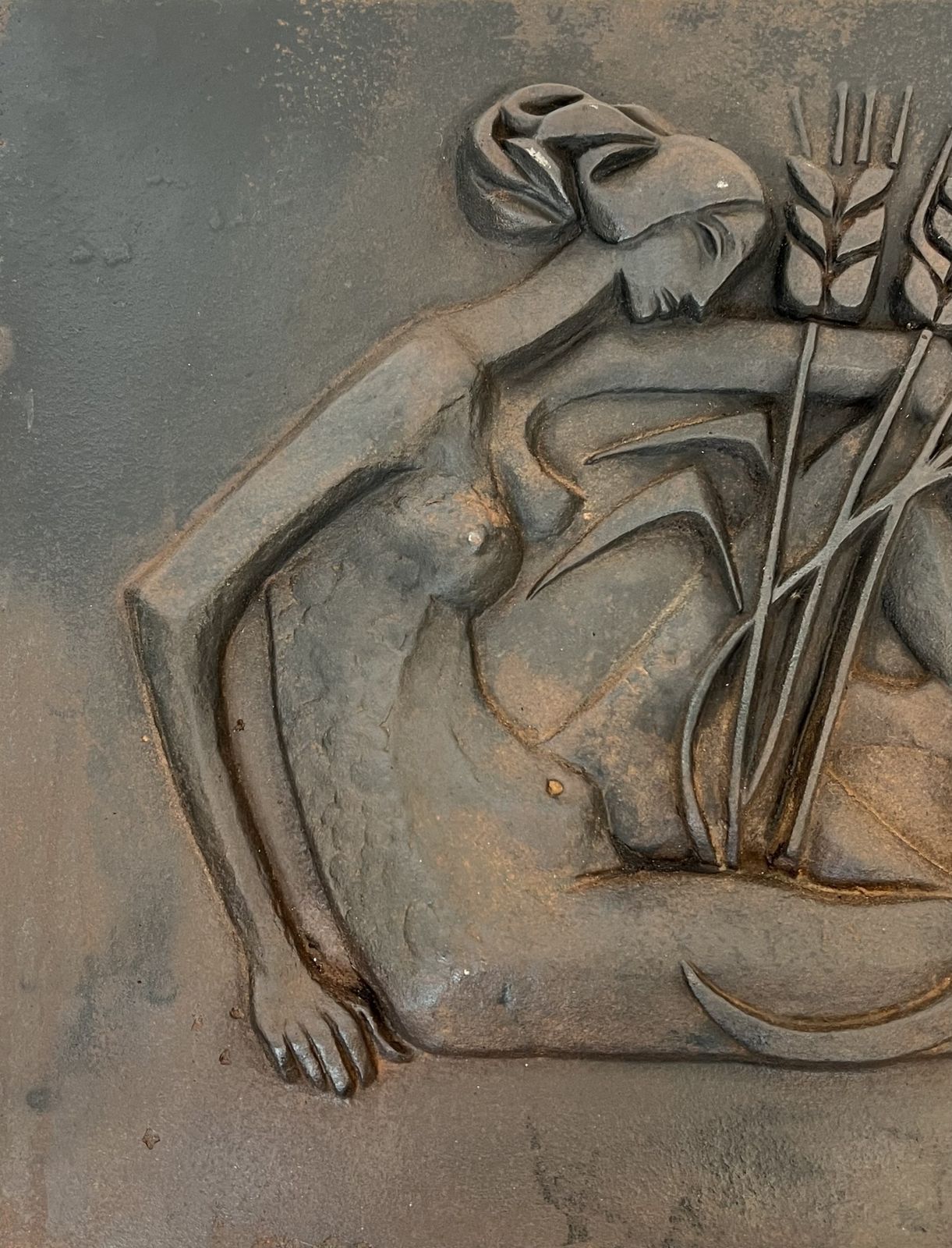 Modernist Cast Iron Fireplace Plate Depicting A Nude Woman Holding A Scythe And Ears Of Wheat photo for sale