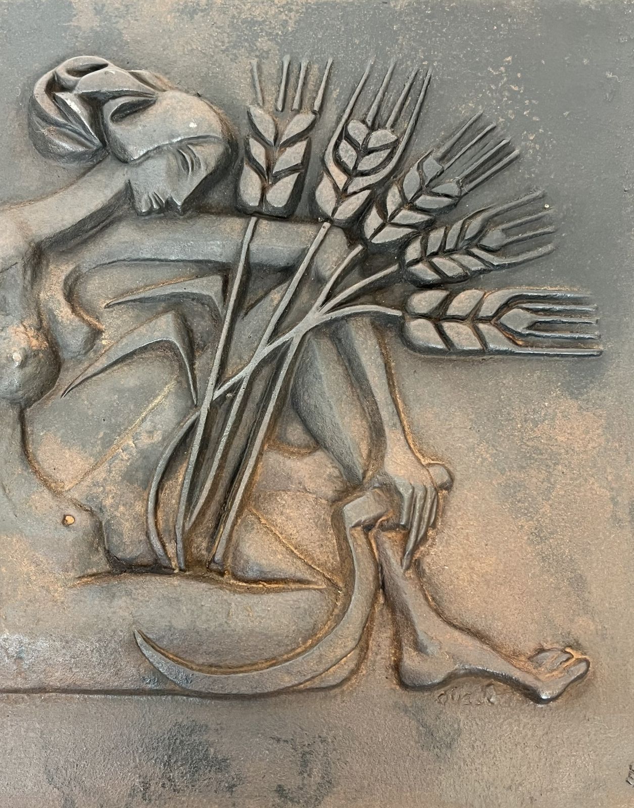 Modernist Cast Iron Fireplace Plate Depicting A Nude Woman Holding A Scythe And Ears Of Wheat photo buy