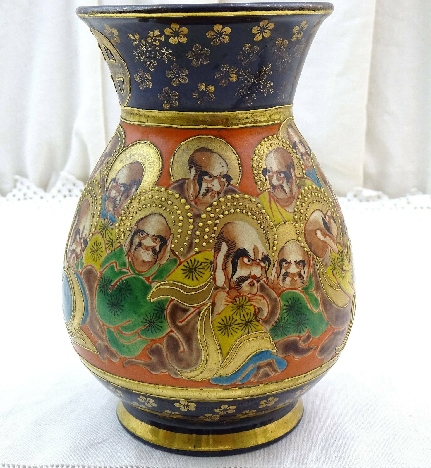 Antique Japanese Hand Painted 1000 Faces Cobalt Blue And Gold Satsuma Vase, Vintage Pottery From Japan With Bald Men, Retro Asian Ceramic photo Home Decor