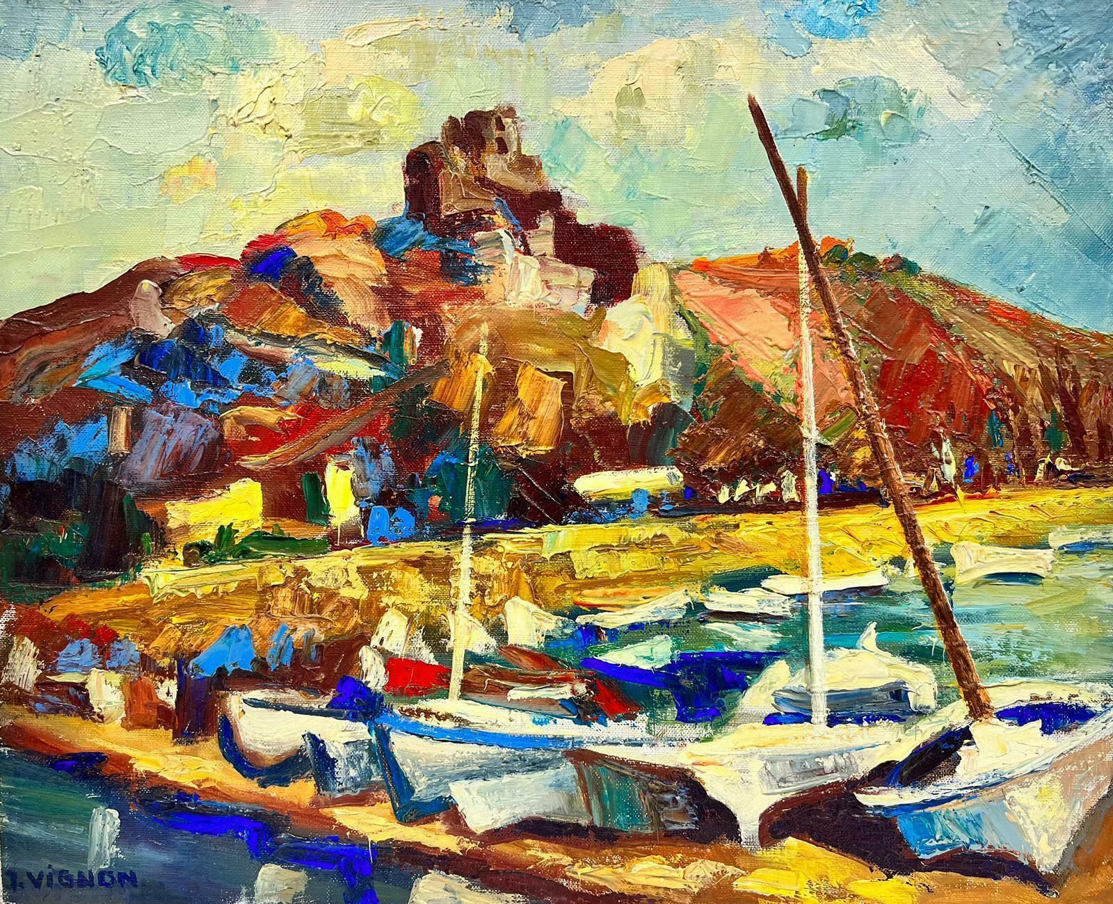 Josine Vignonvibrant Boats At The French Harbour Impressionist Signed Thick Oil Impasto1960's