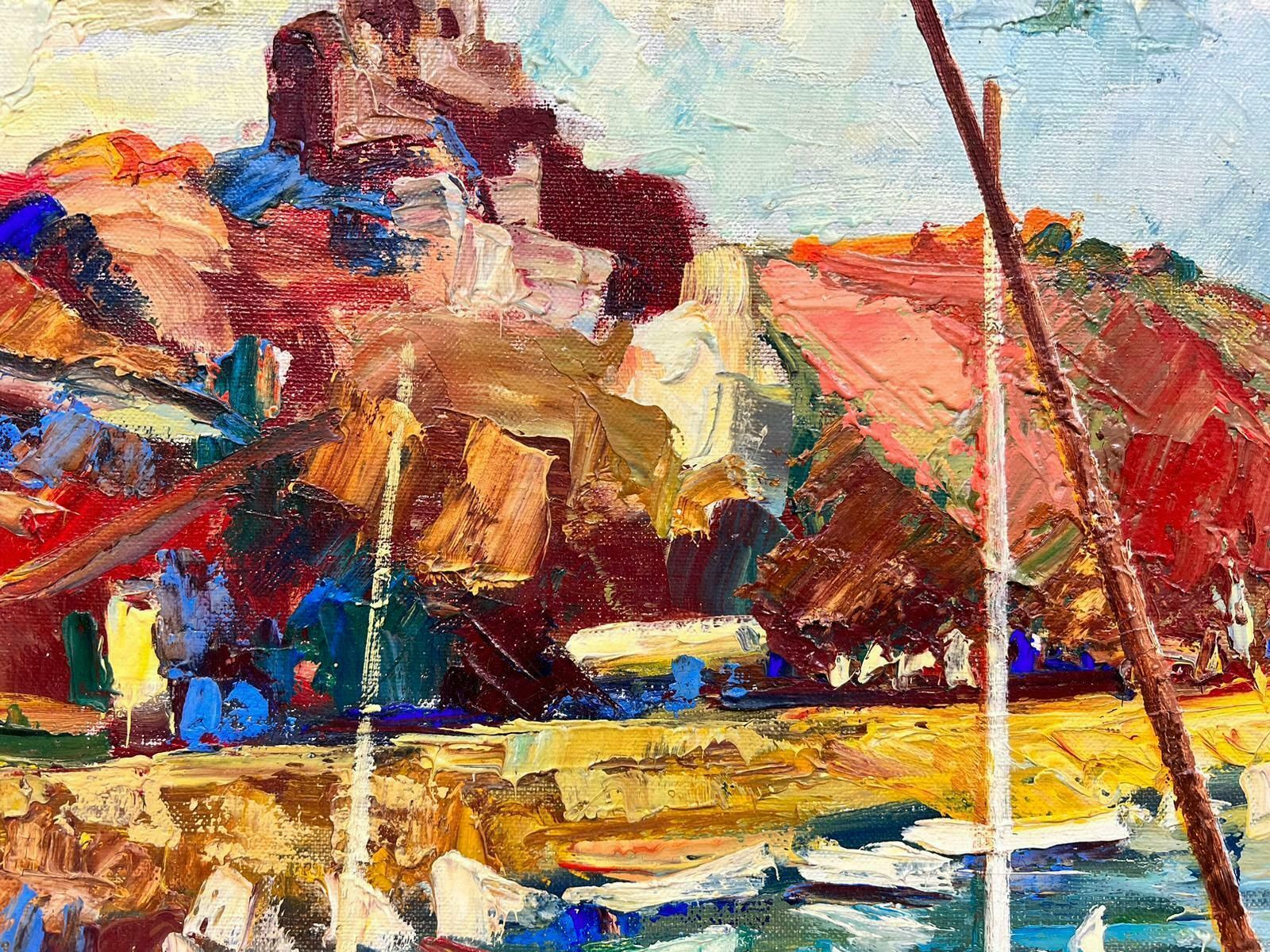 Josine Vignonvibrant Boats At The French Harbour Impressionist Signed Thick Oil Impasto1960's photo for sale
