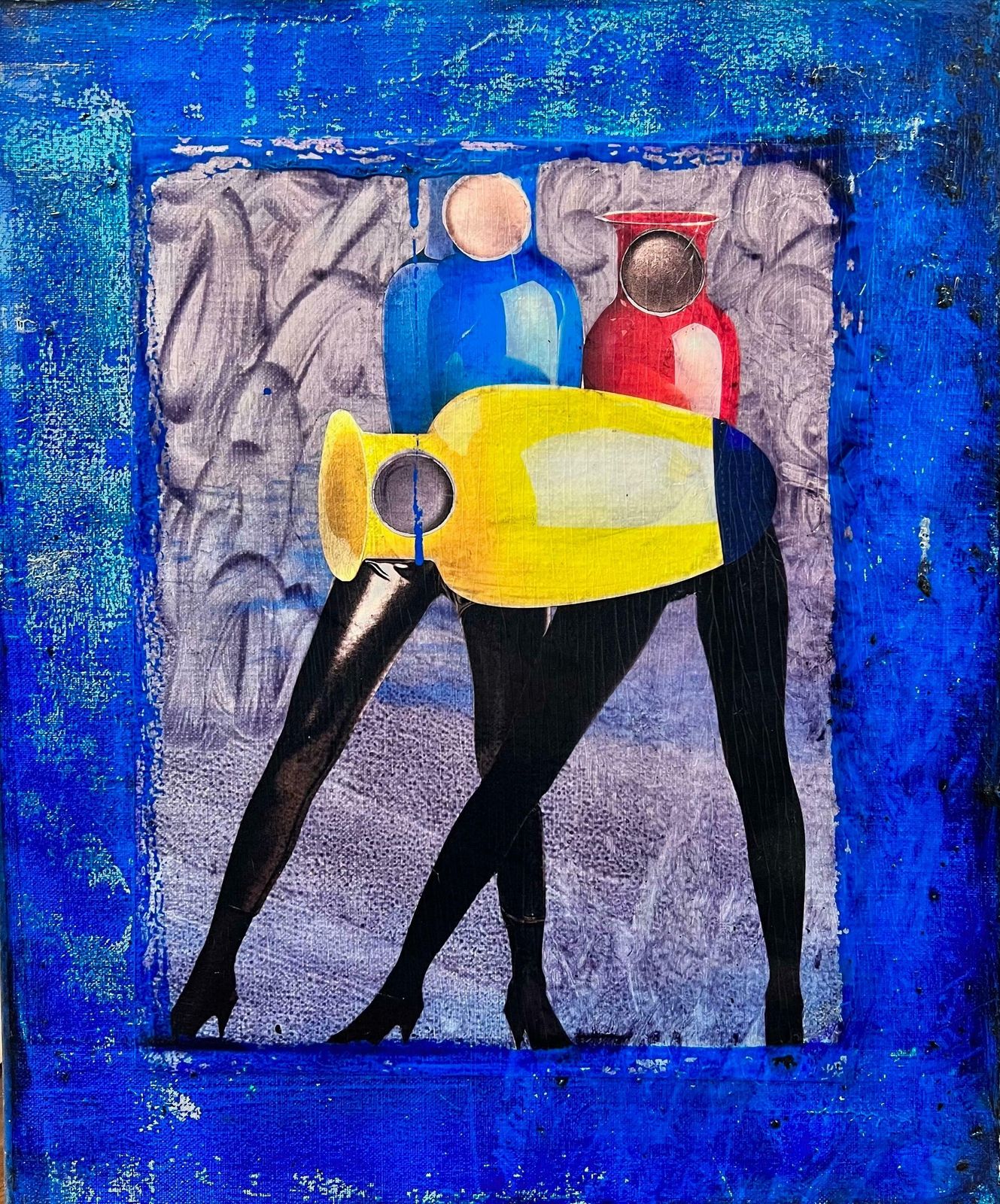 20th Century French School1980's French Abstract Collage/ Painting Leather Trousersed Figures With Jugs photo furniture
