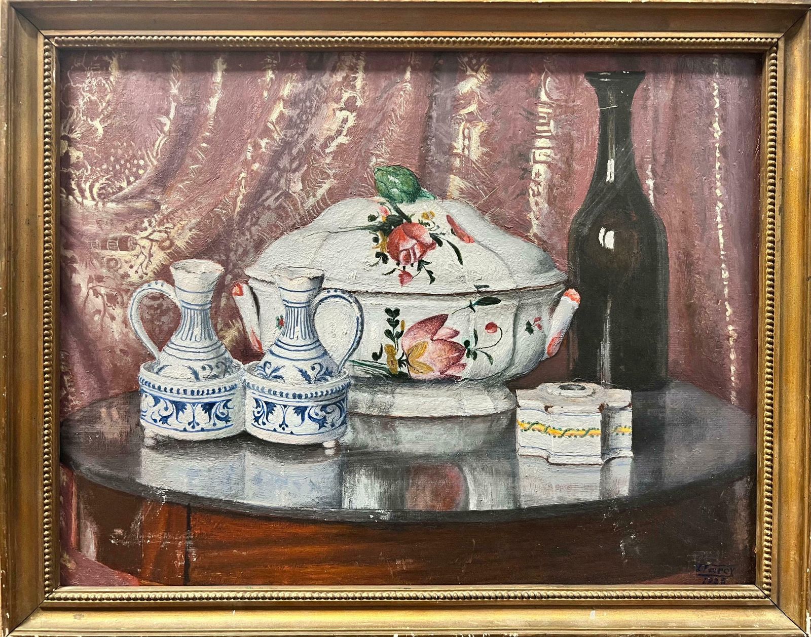 20th Century Frenchfinely Painted 1920's French Still Life Oil, Beautiful Ceramics Interior1950's photo furniture
