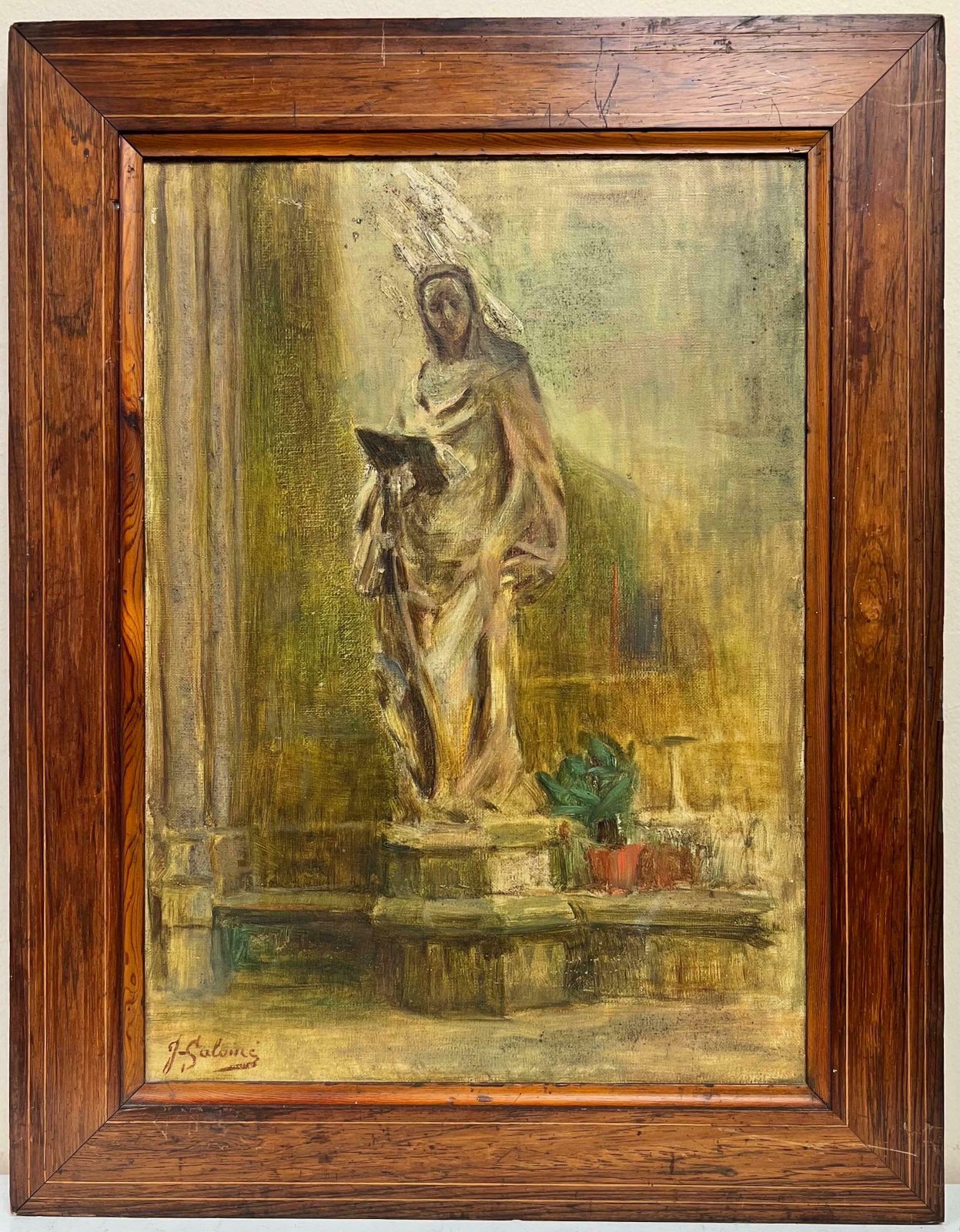 20th Century French1930's French Signed Oil Portrait Of A Statue Outside Church Courtyard
