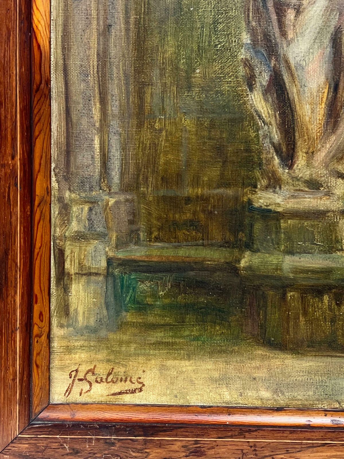 20th Century French1930's French Signed Oil Portrait Of A Statue Outside Church Courtyard photo for sale