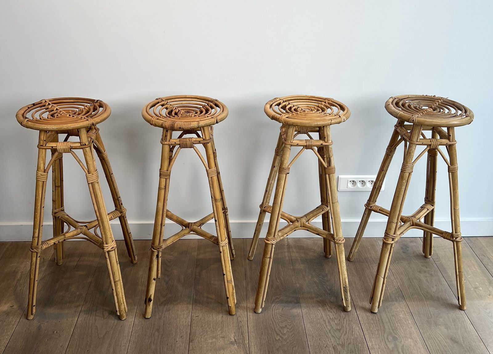 Set Of 4 Rattan Stools, 1970s, Vintage photo for sale