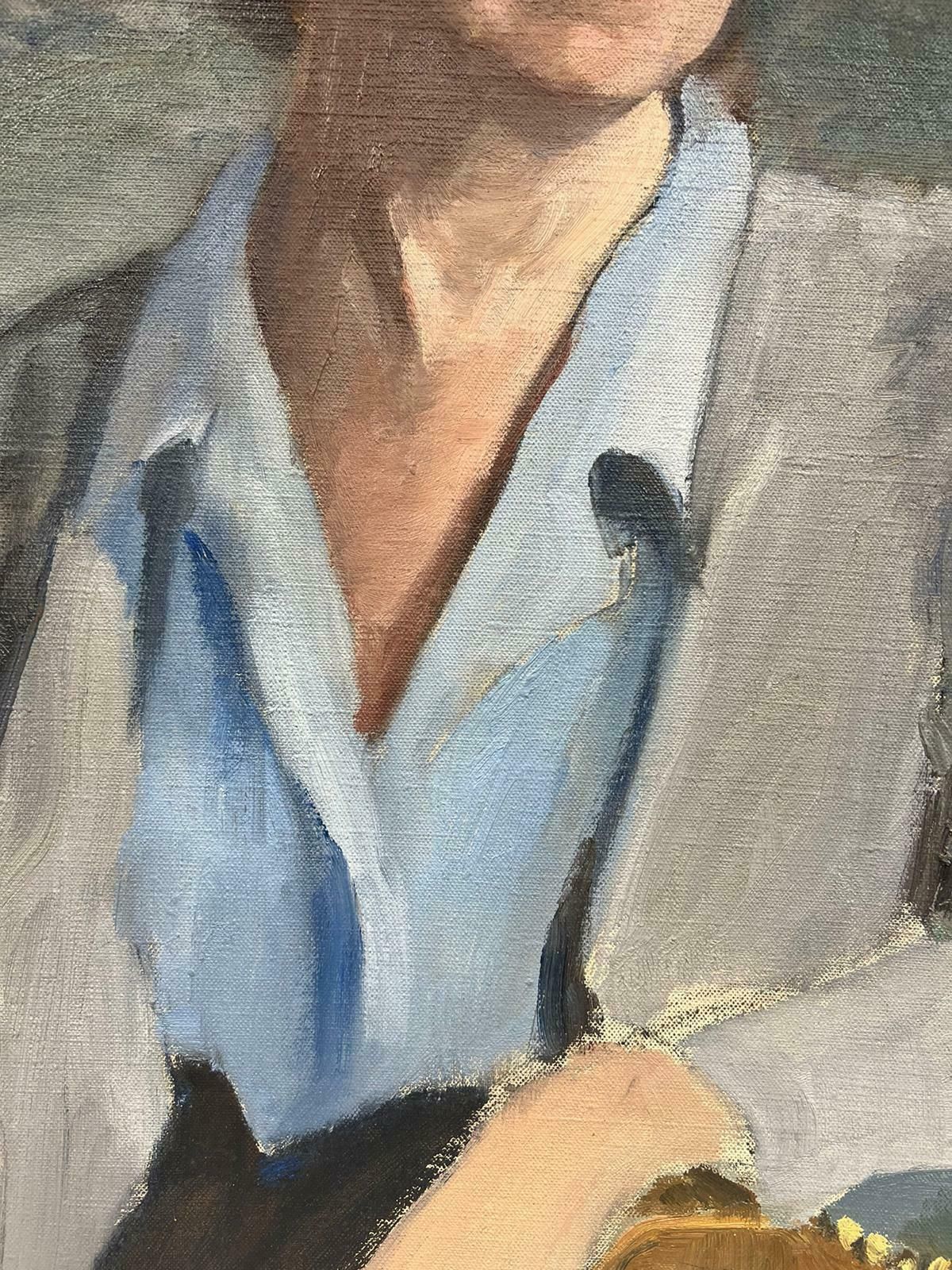 Josine Vignonelegant Blue Eyed Lady French Portrait Impressionist Signed Oil 1960's photo for sale