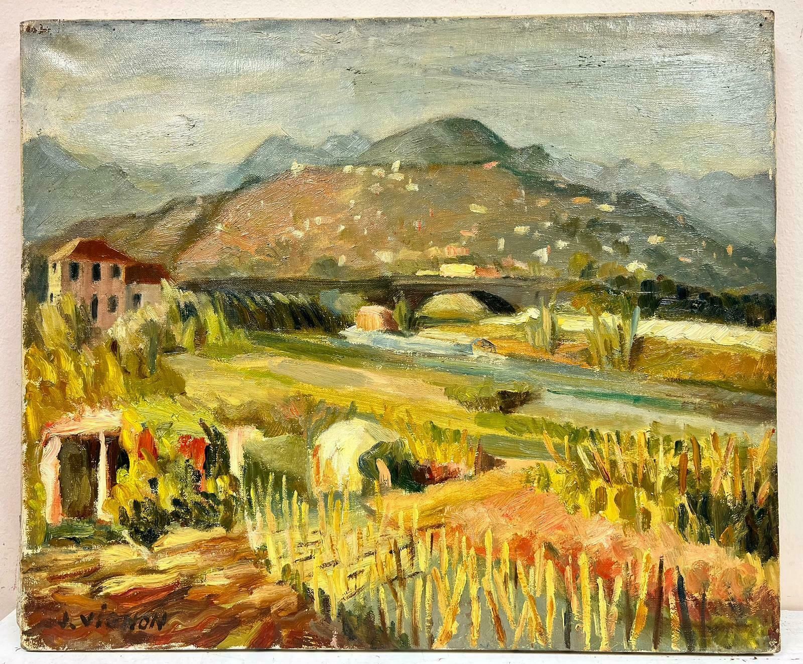 Josine Vignonrural French Bridge Landscape Post Impressionist Signed Oil 1960's photo furniture