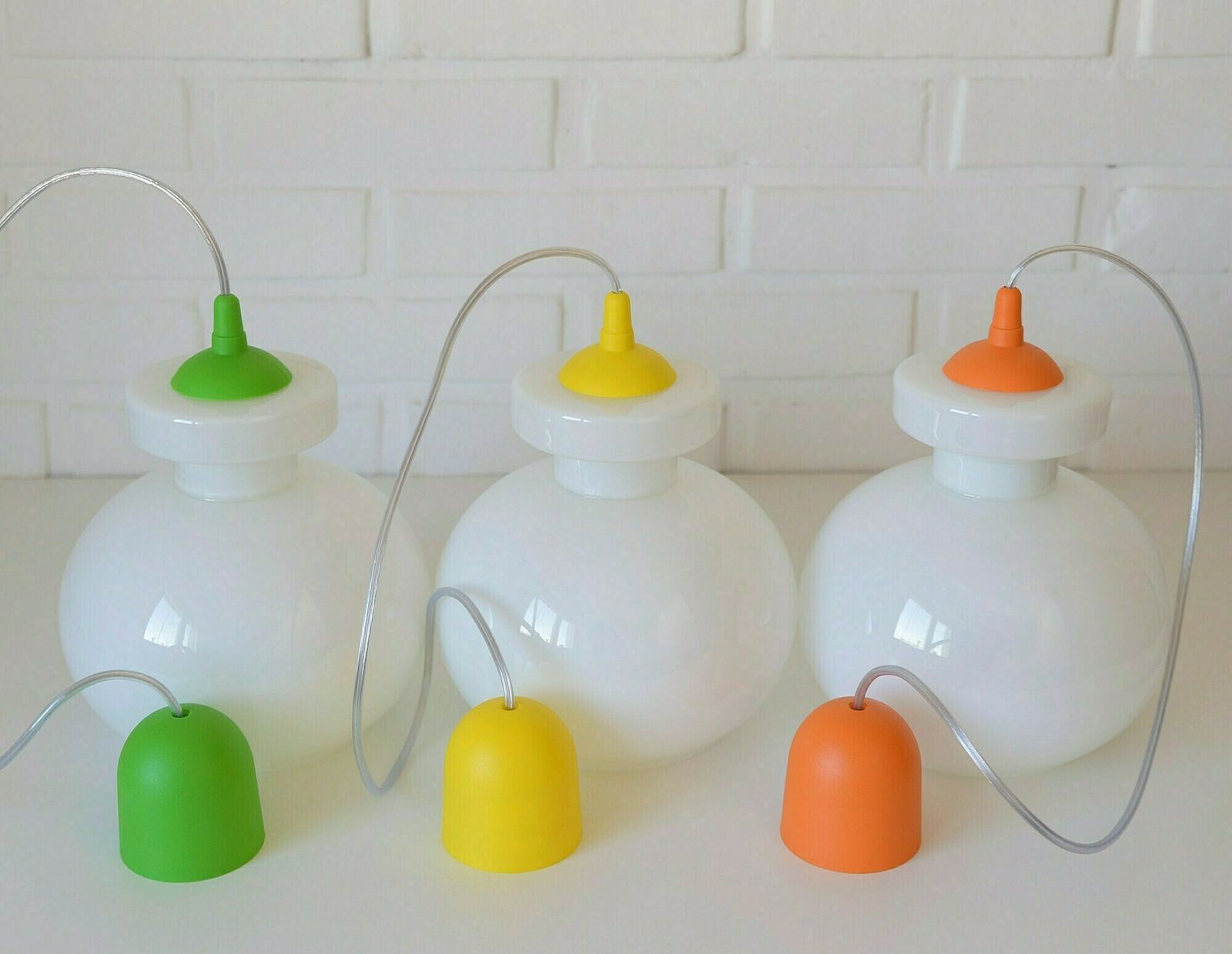 Set Of 3 Vintage Pop Art Lamp / Pendant Light / White Opaline Glass / Yugoslavia 1970s photo vintage