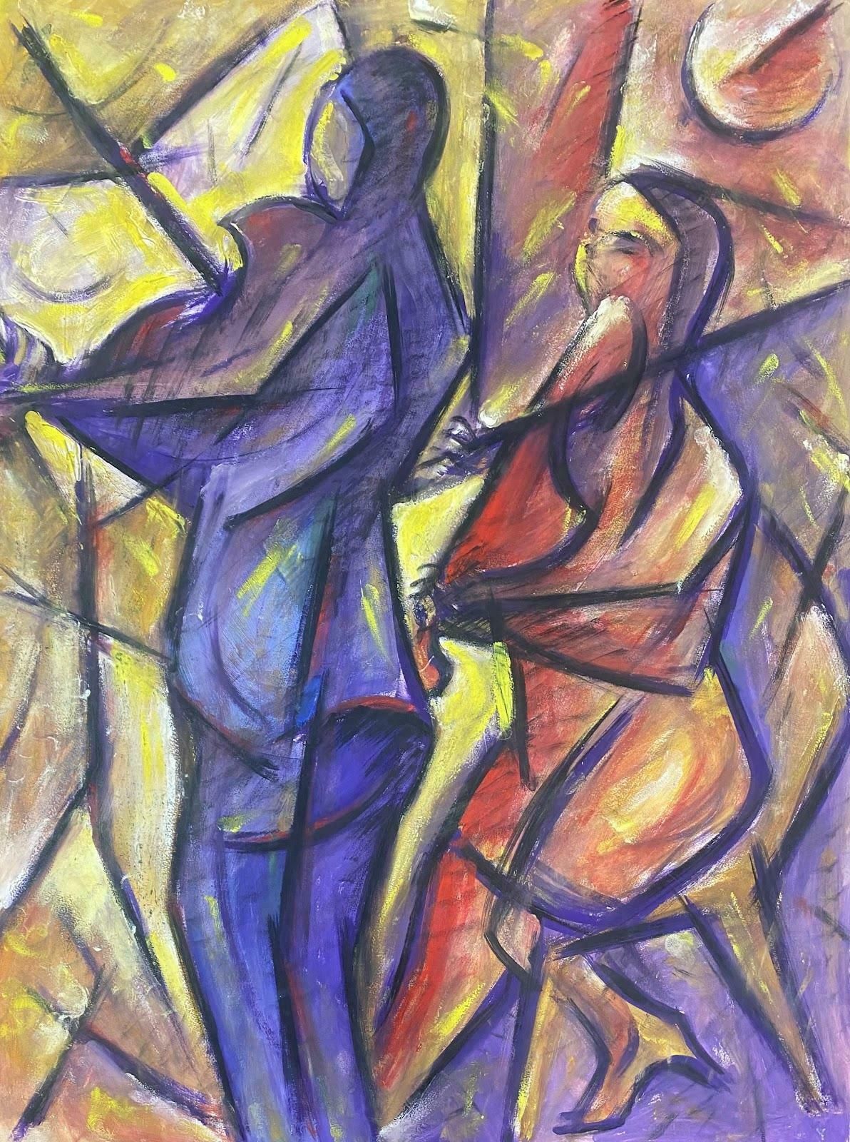Unknown French Modernist Gouache Painting Wacky Colors Two Musicians On Violins1976