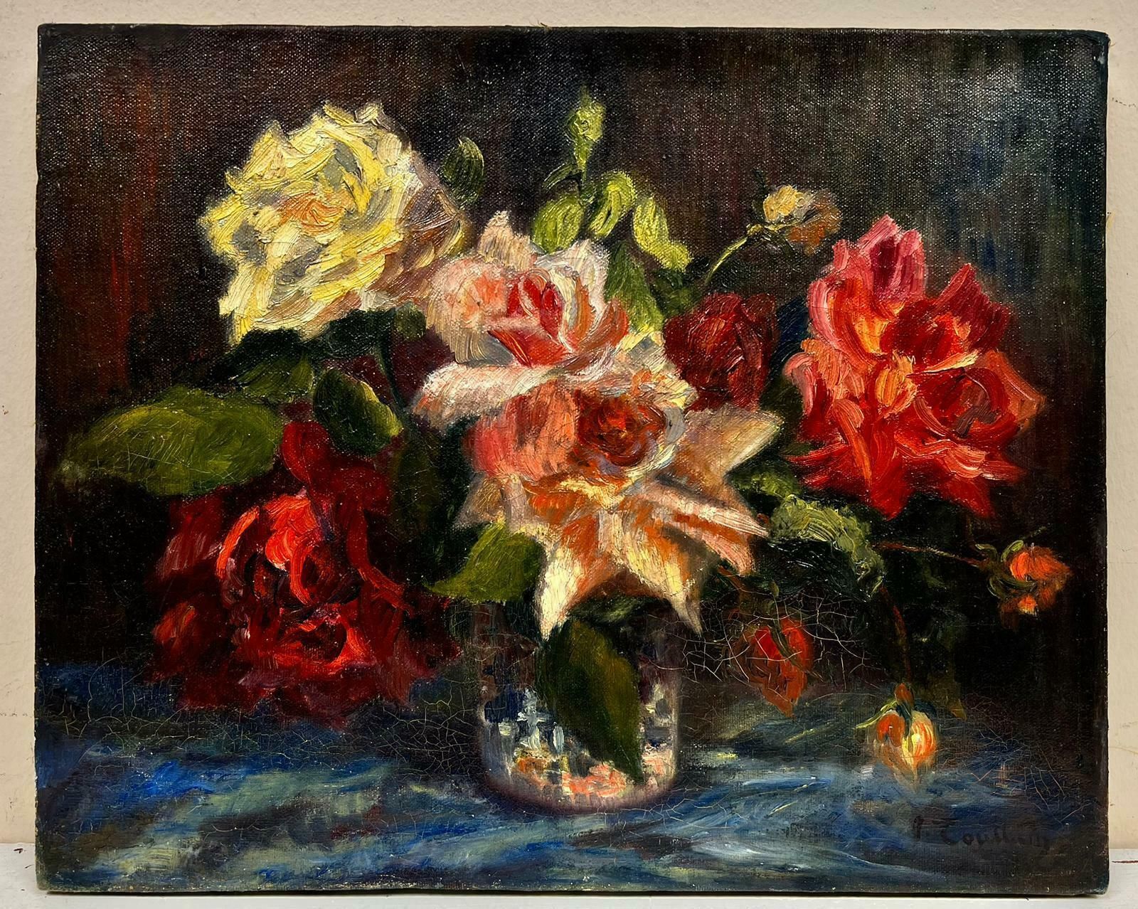 French Schoolvintage French Impressionist Signed Oil Pink & Yellow Roses In Vase1930's photo furniture