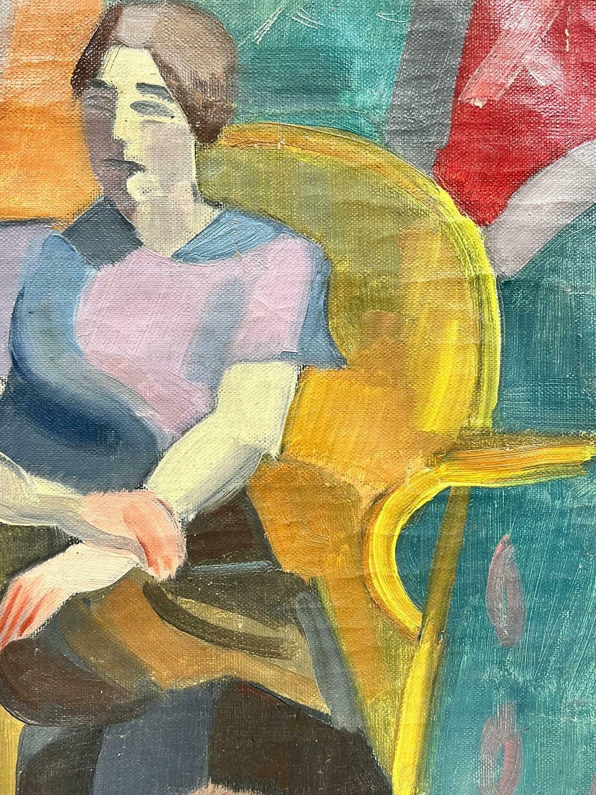 Henri Van Der Beck1930's French Cubist Signed Oil Lady In Red Seated On Golden Chair In Interior1930's photo Art
