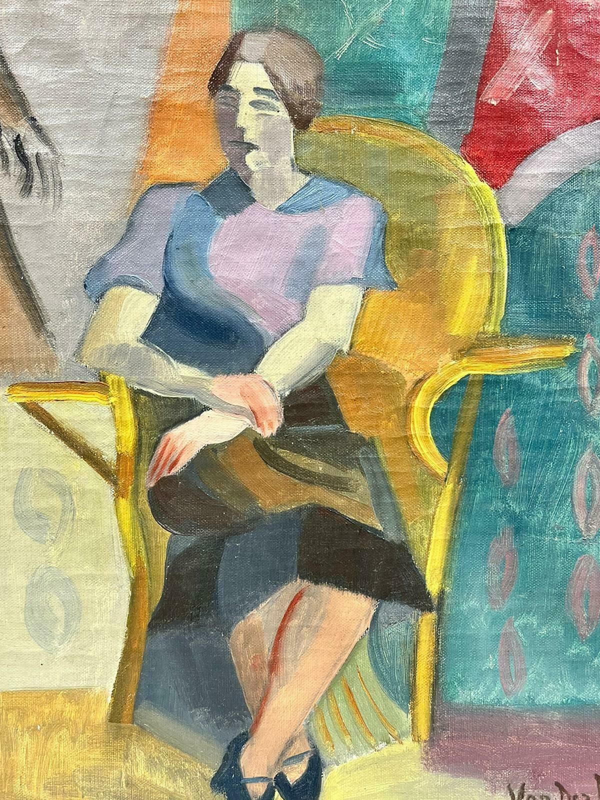 Henri Van Der Beck1930's French Cubist Signed Oil Lady In Red Seated On Golden Chair In Interior1930's photo vinterior