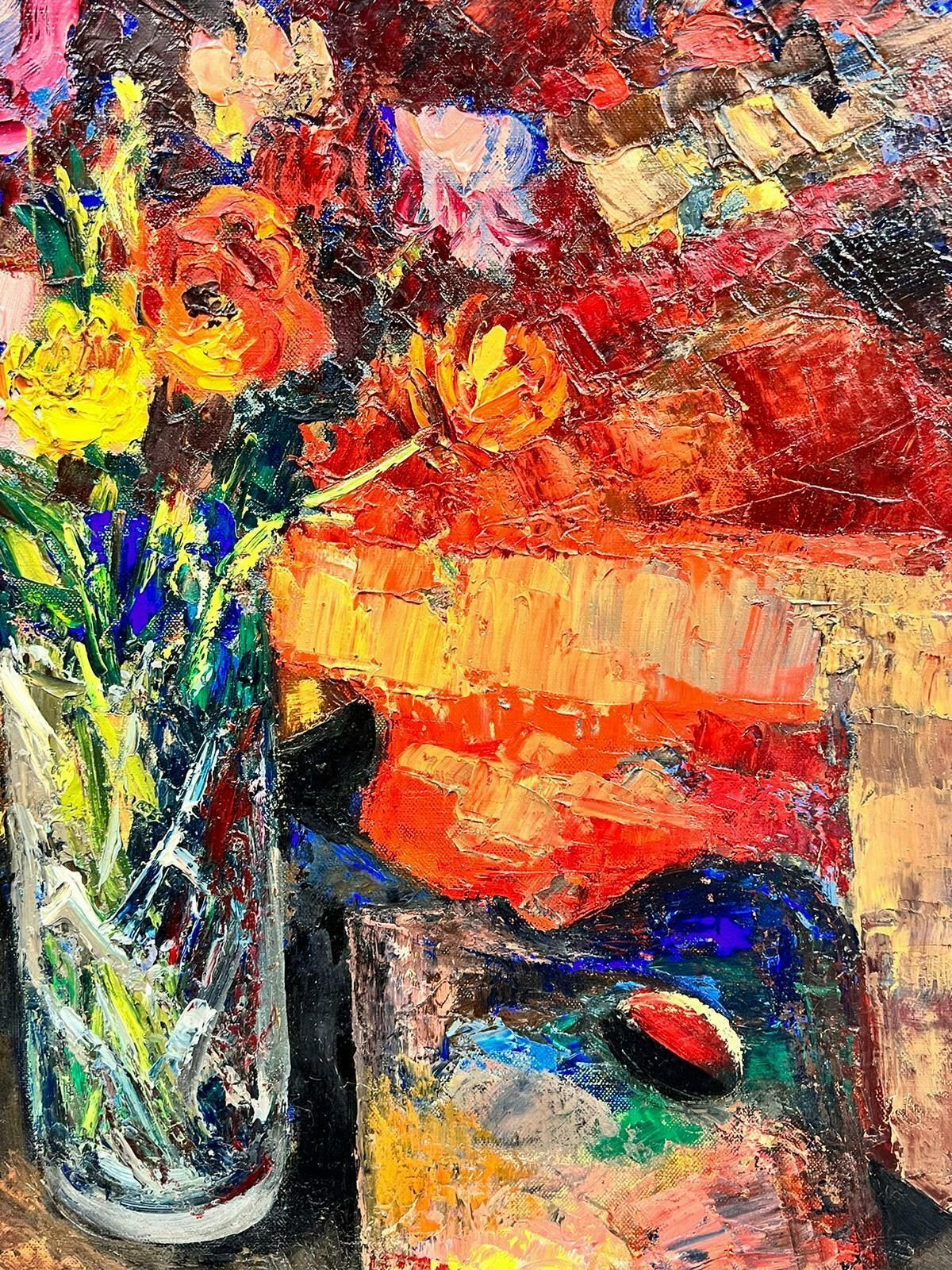 Josine Vignon1960's French Post Impressionist Still Life Oil Flowers & Artists Palette 1960's photo for sale
