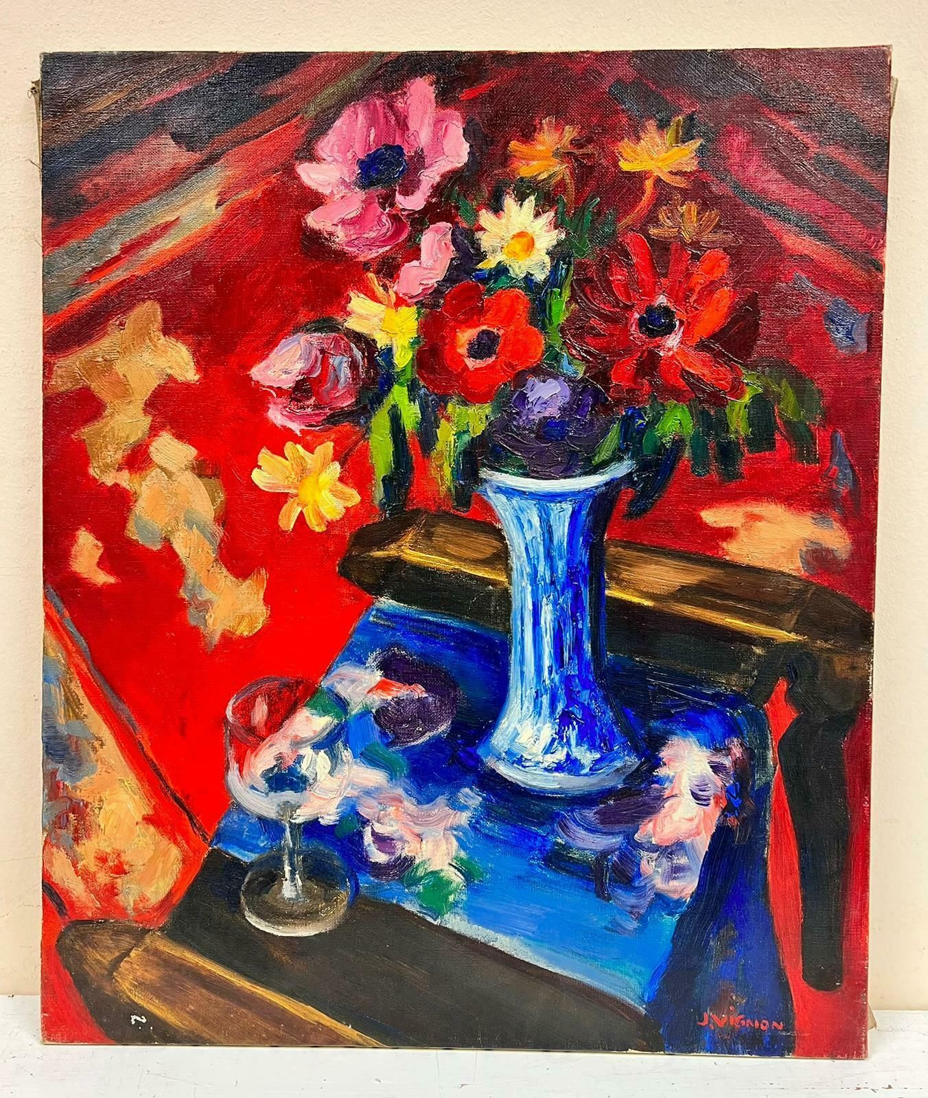 Josine Vignonfrench Post Impressionist Signed Oil Flowers In Blue Vase Red Background 1960's1960's photo furniture