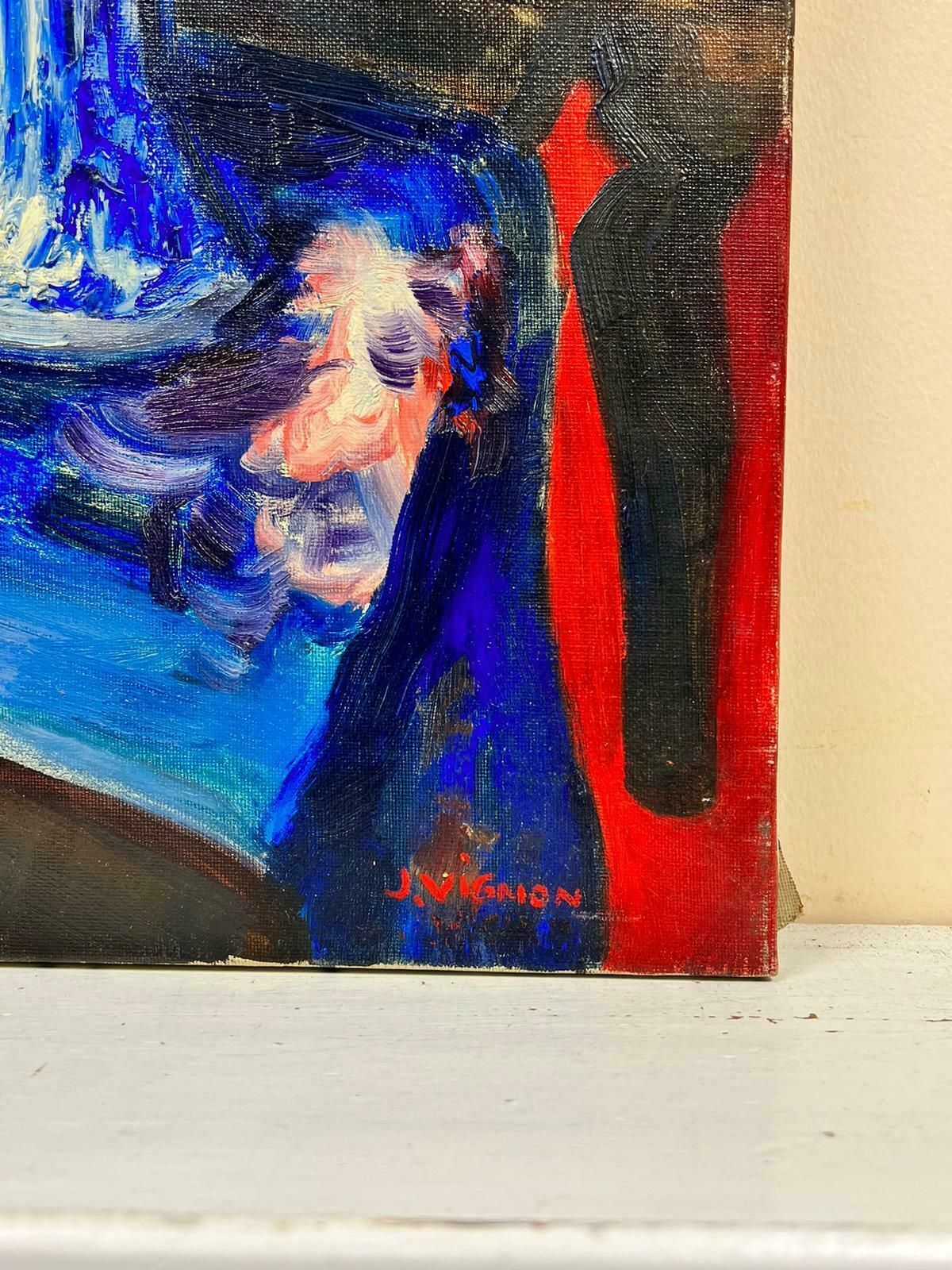 Josine Vignonfrench Post Impressionist Signed Oil Flowers In Blue Vase Red Background 1960's1960's photo 1227.0
