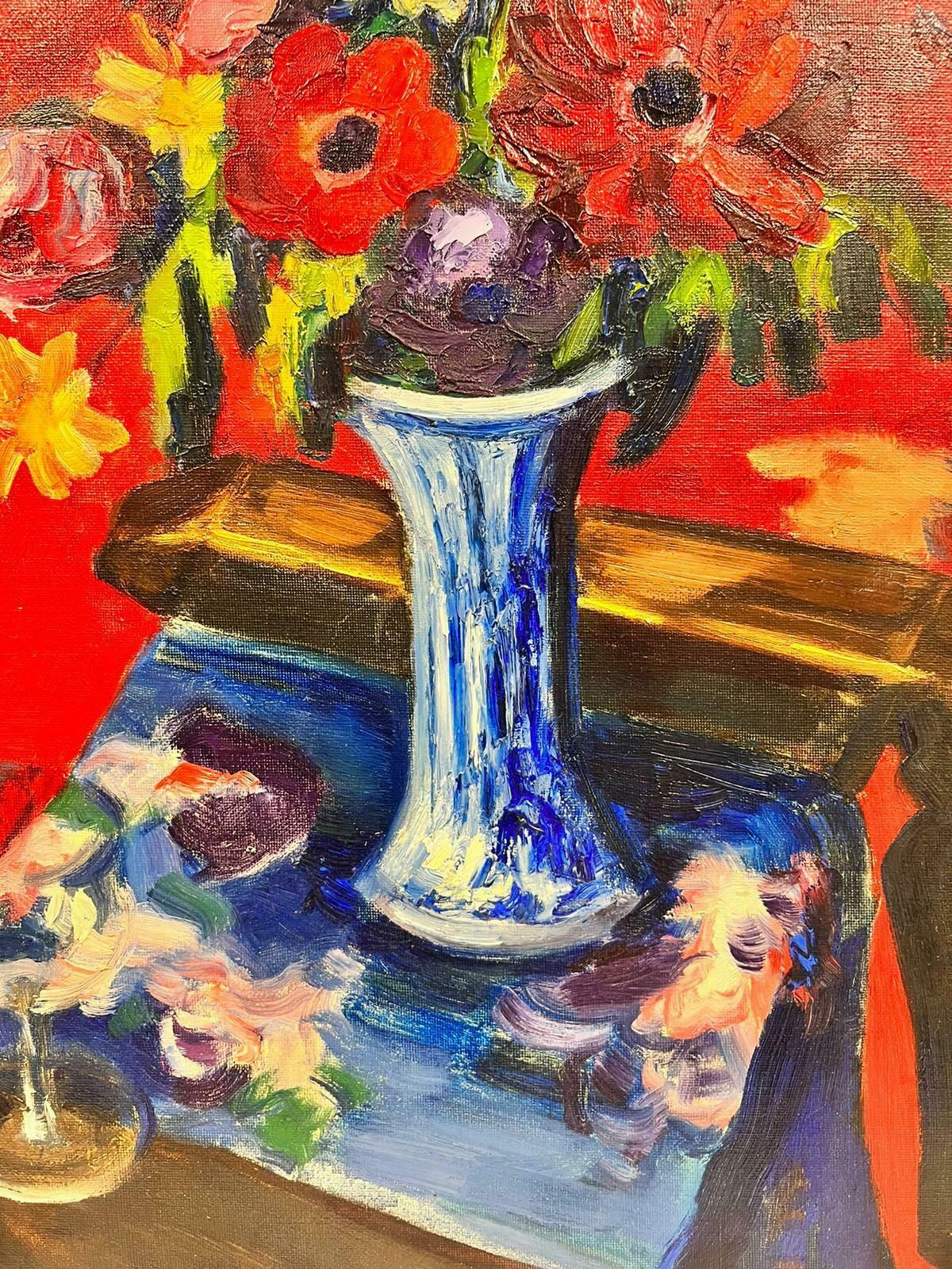 Josine Vignonfrench Post Impressionist Signed Oil Flowers In Blue Vase Red Background 1960's1960's photo vinterior