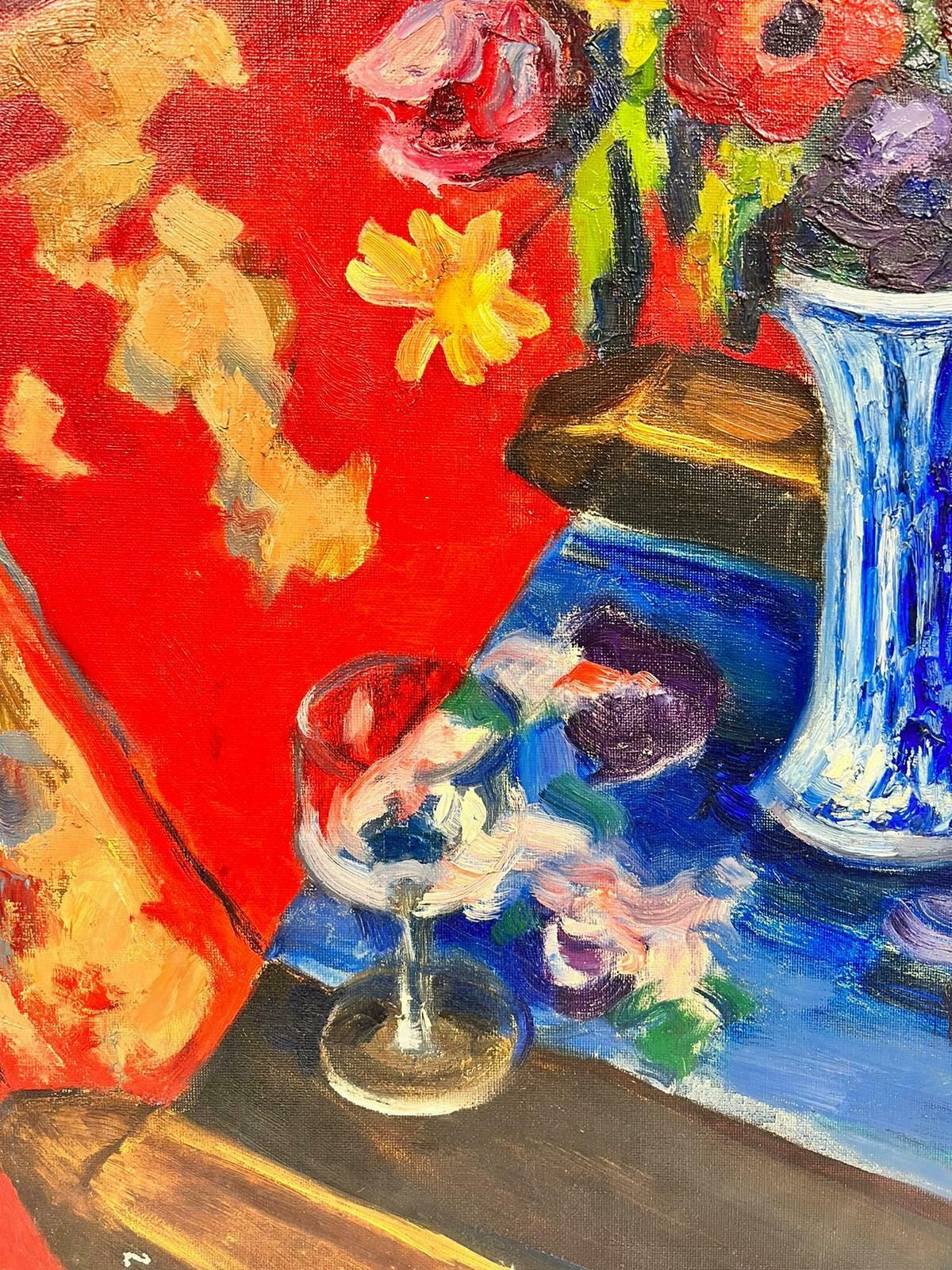 Josine Vignonfrench Post Impressionist Signed Oil Flowers In Blue Vase Red Background 1960's1960's photo buy