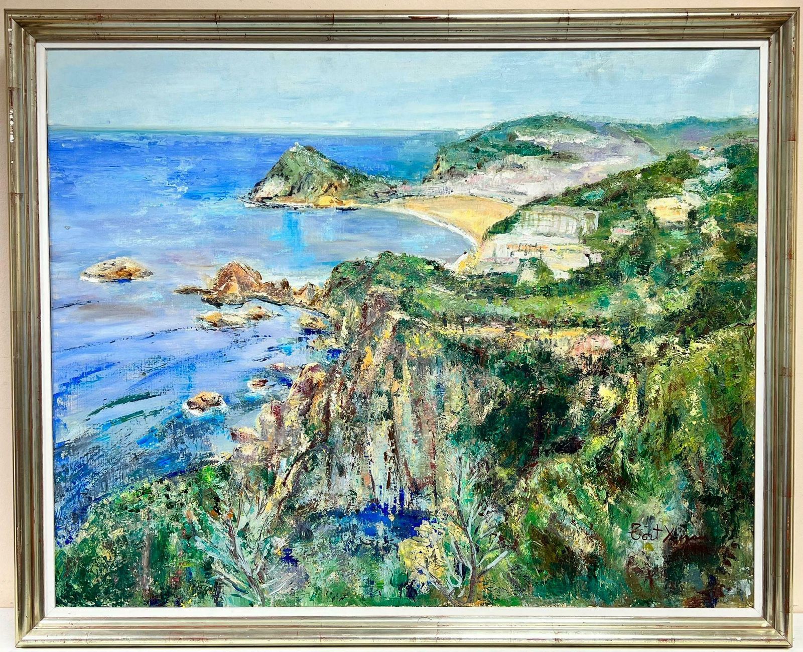 Maria Tort Xirauhuge Spanish/ French Oil Painting Beautiful Blue Coastline Seascape & Houses1991 photo furniture