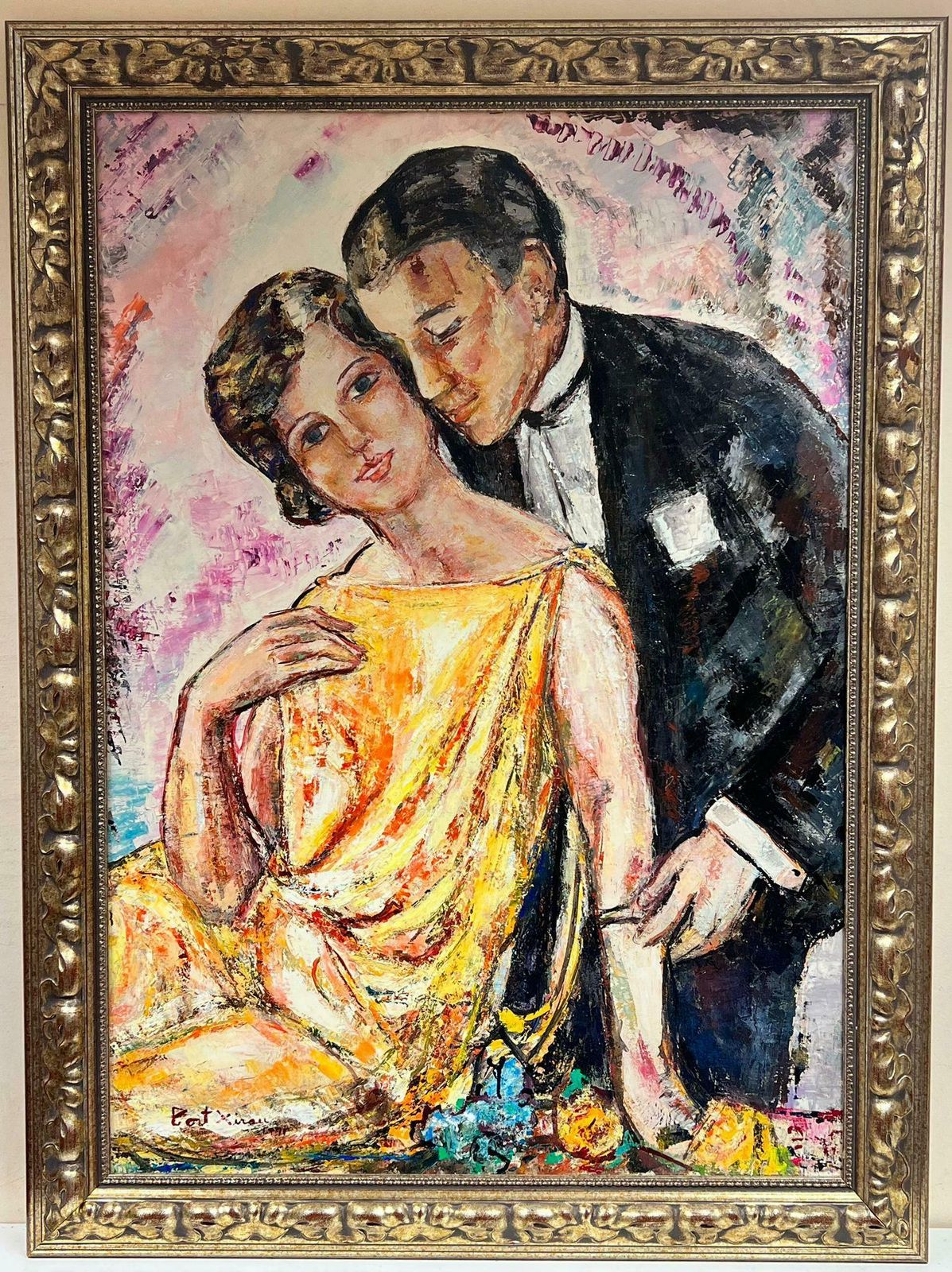 Maria Tort Xirauhuge Spanish/ French Modernist Oil Painting Elegant Couple In Tender Embrace1991 photo for sale