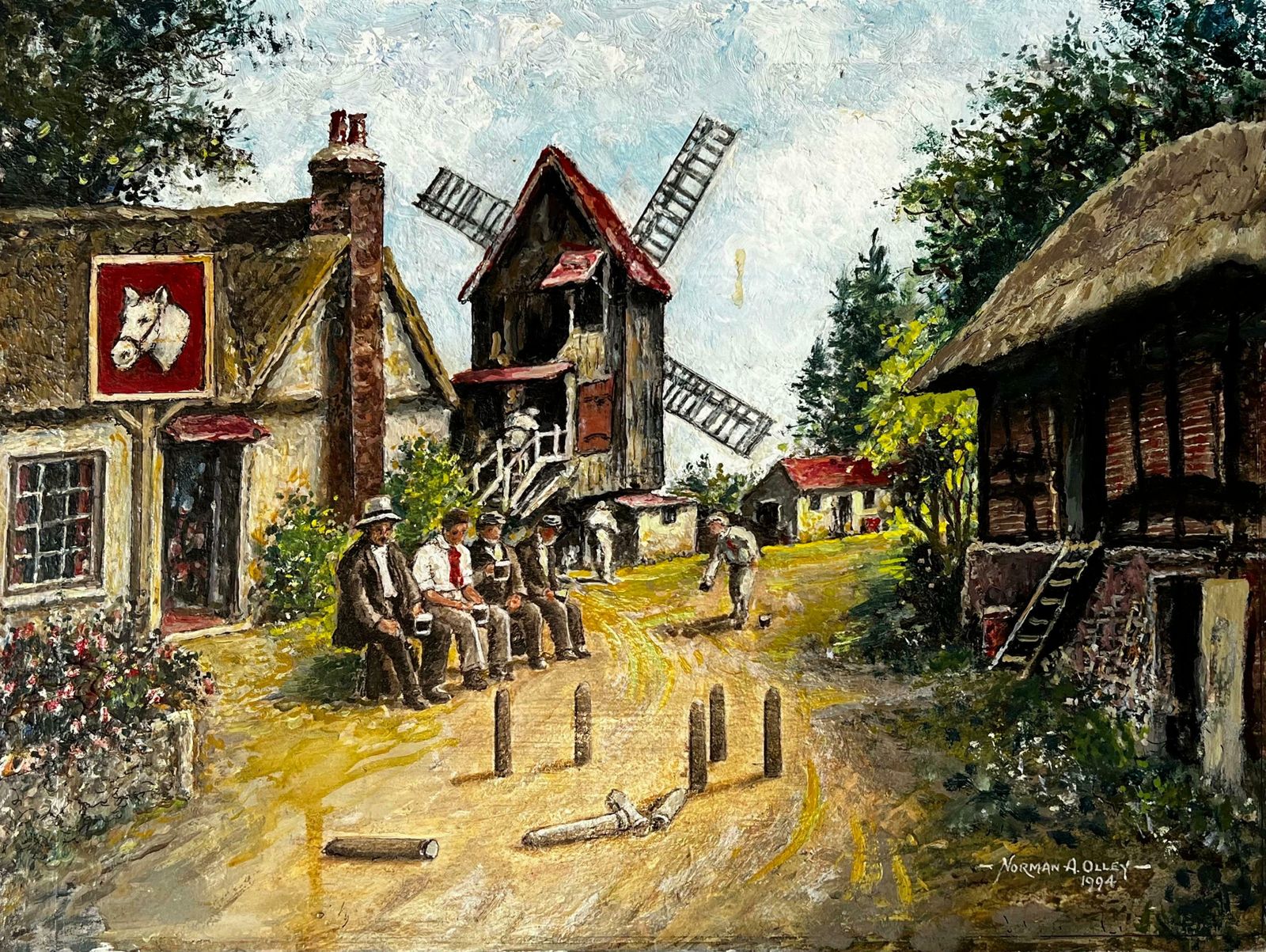 Norman A Olleytraditional English Village Tavern Scene Figures Playing Skittles Signed