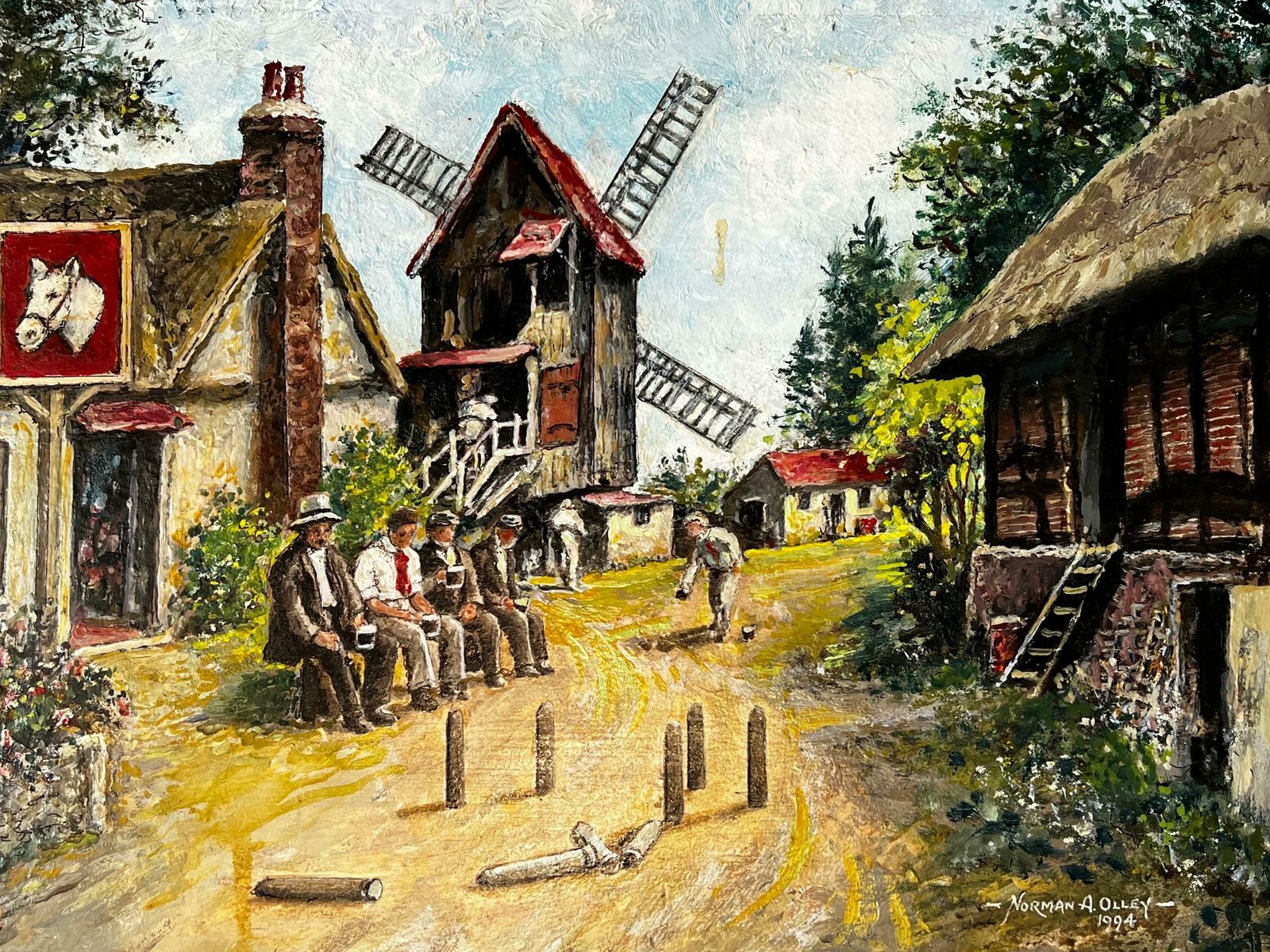 Norman A Olleytraditional English Village Tavern Scene Figures Playing Skittles Signed photo furniture