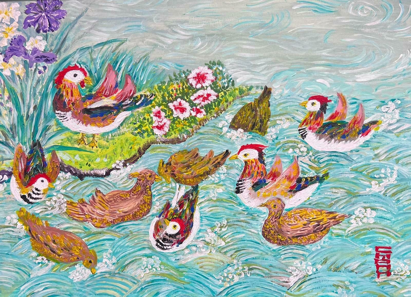 European Artistexotic Oriental Birds Swimming On Pond Signed Post Impressionist Oil Painting