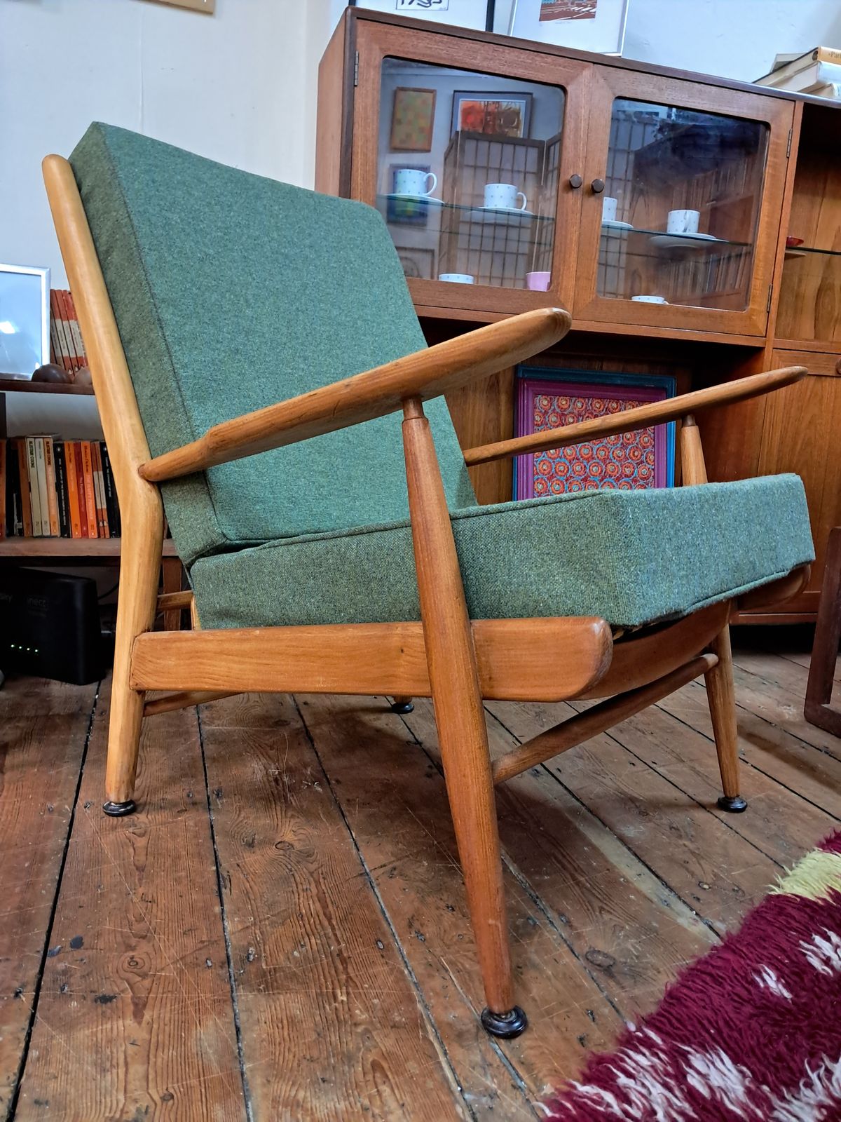 A Lovingly Restored Scandart Armchair In Elm And Beech, Reupholstered In Soothing Green Tweed photo 600.0