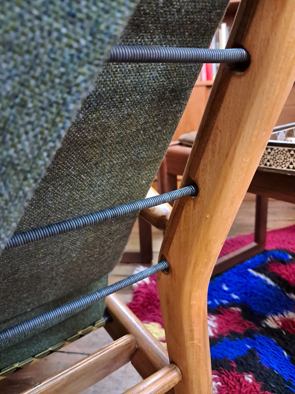 photo for sale A Lovingly Restored Scandart Armchair In Elm And Beech, Reupholstered In Soothing Green Tweed