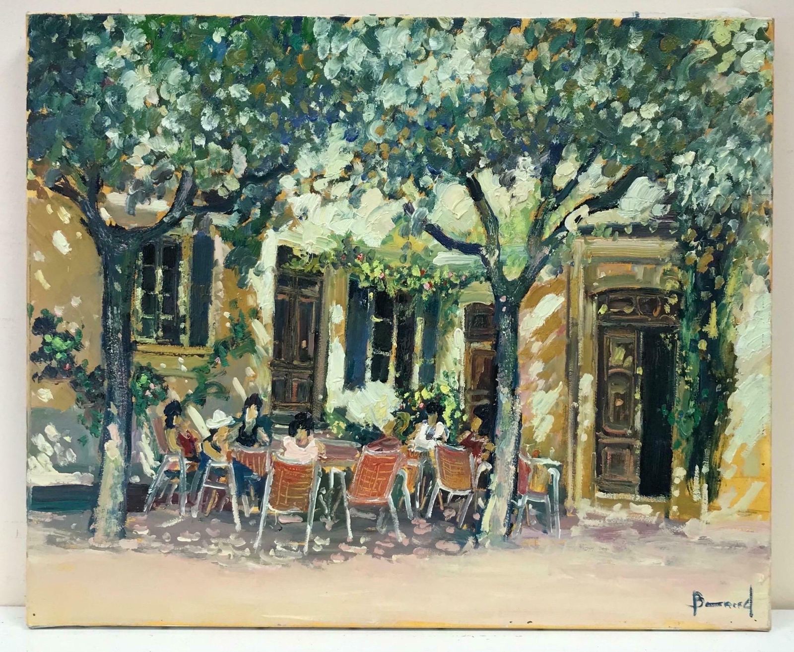 Guy Benardfrench Impressionist Oil Dappled Light Cafe Scene With Figures In Provence photo furniture