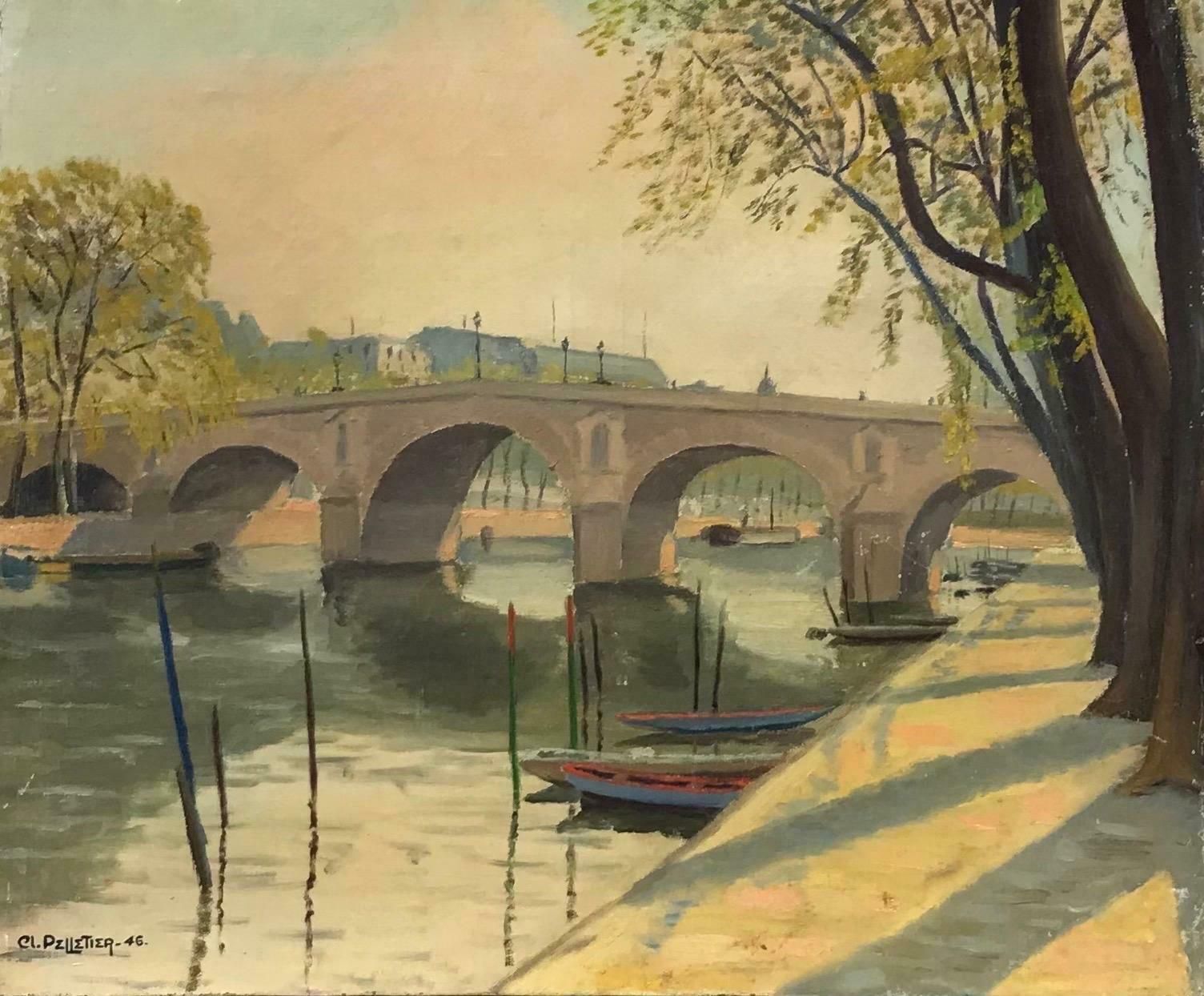 Claude Pelletierle Pont Marie Paris, Tranquil River Seine View, Signed & Dated 1946 French Oilc. 1946