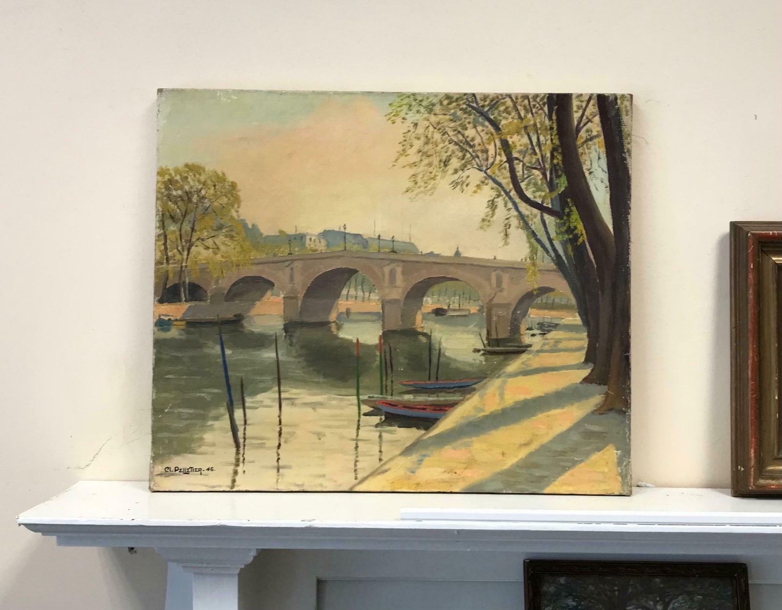 Claude Pelletierle Pont Marie Paris, Tranquil River Seine View, Signed & Dated 1946 French Oilc. 1946 photo furniture