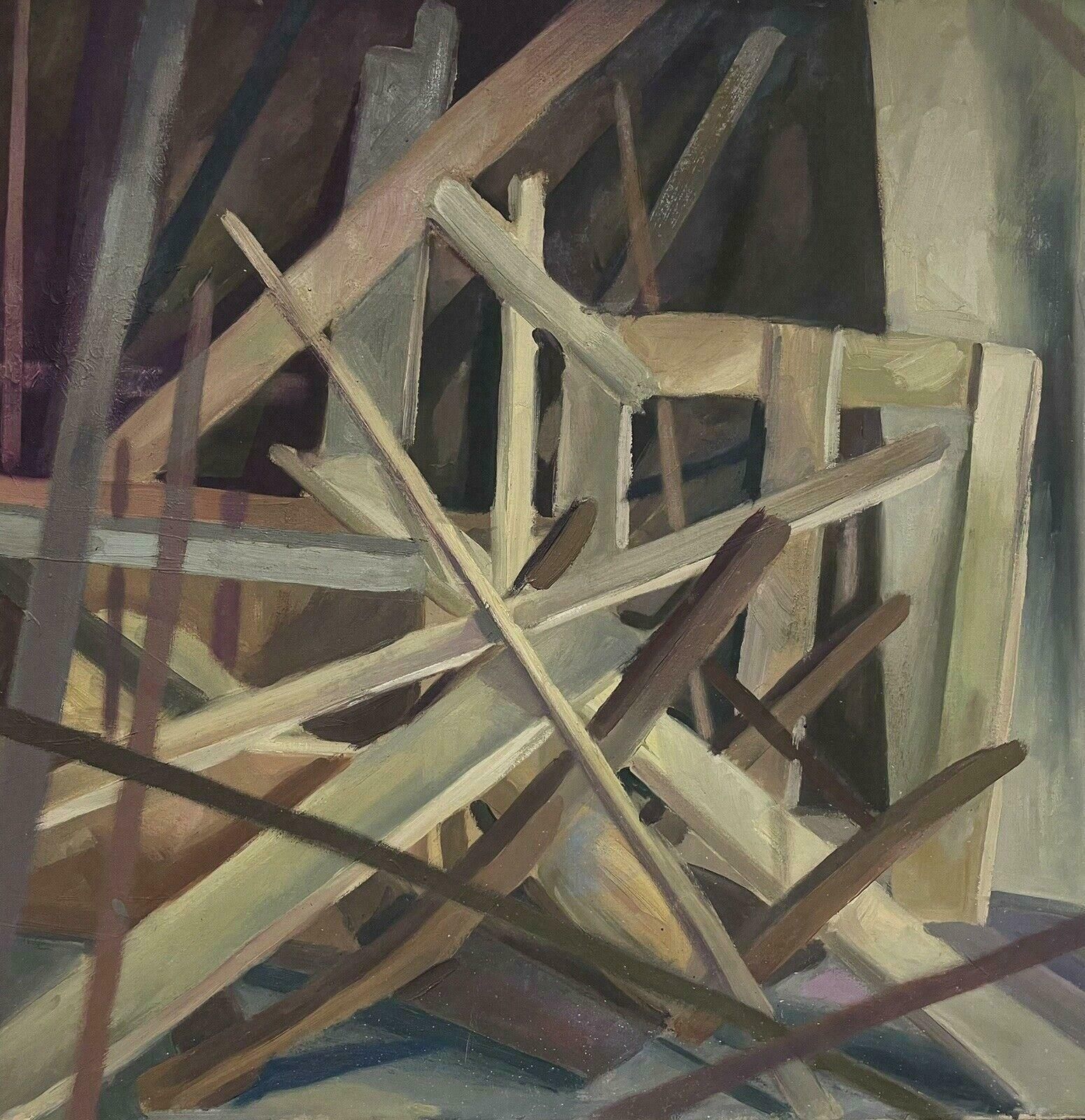 French Schoollarge French 1970's Geometric Abstract Painting Brown Beige Yellow Green Colors photo for sale