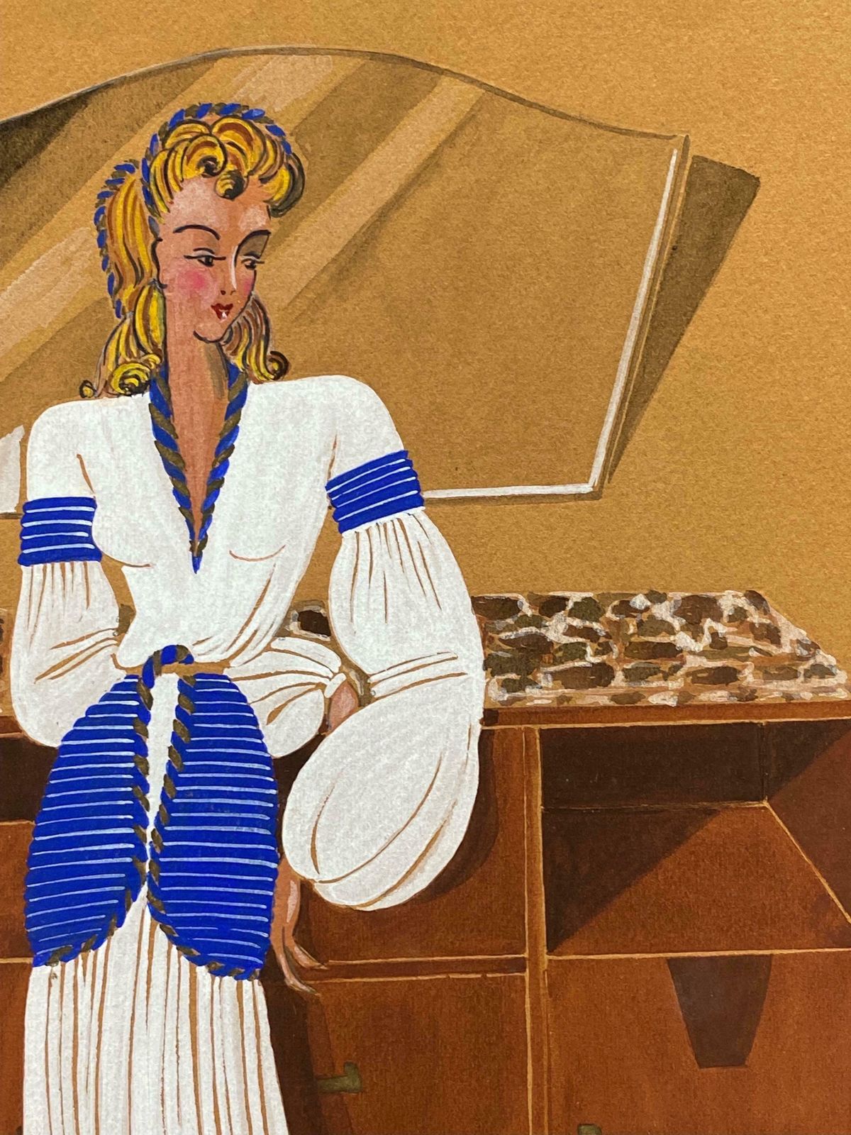 Geneviève Thomas1940's Fashion Illustration   Stylish Blonde Lady In White Dressc. 1940's photo vinterior