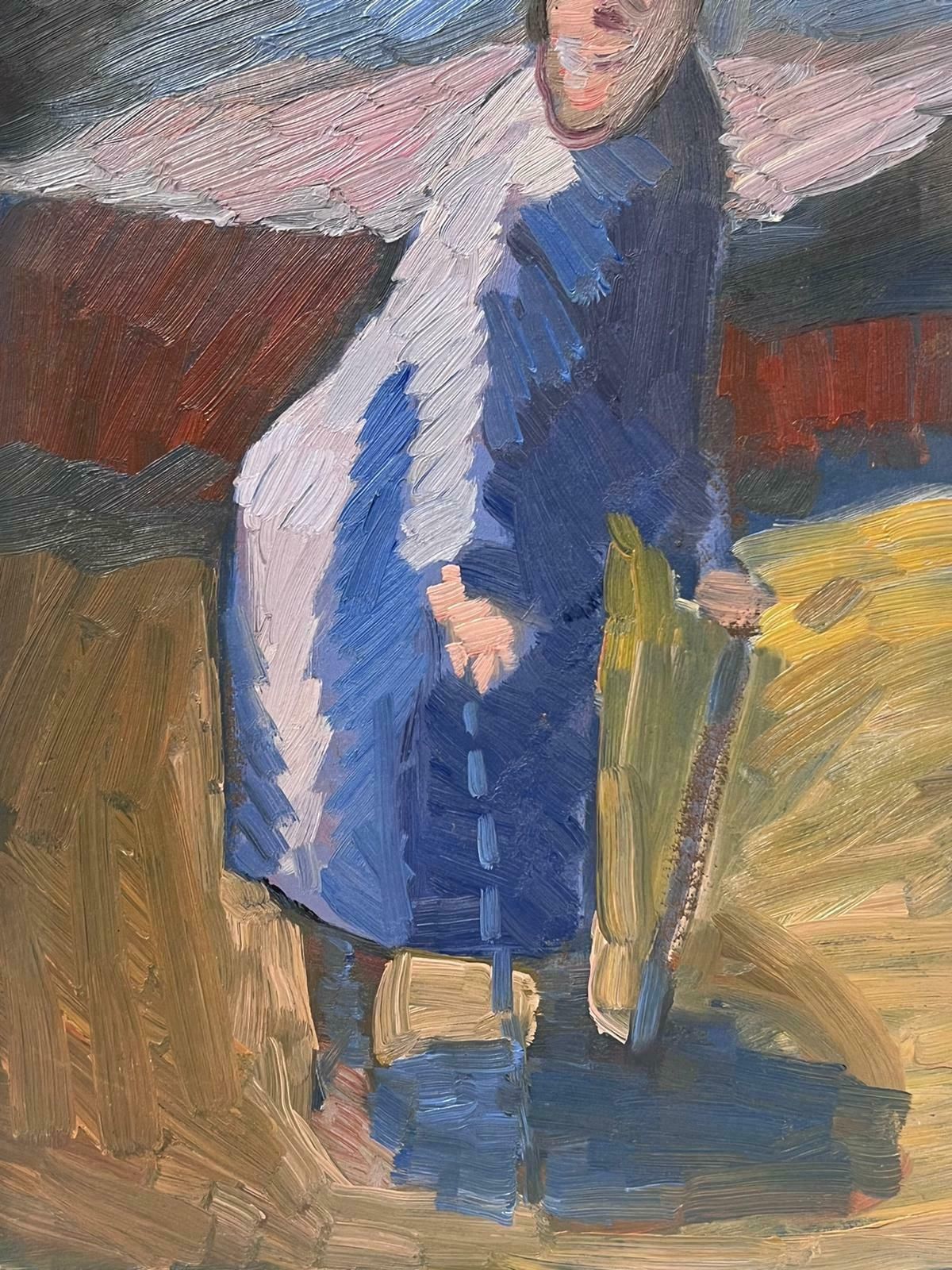 French School20th Century French Modernist Oil Painting Elderly Lady Walking With Sticks photo furniture