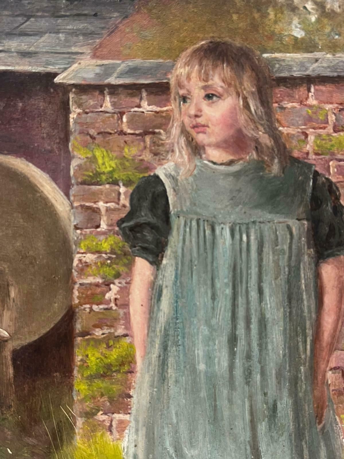 Antique English Victorian English Oil Painting Young Girl In Dress Standing In Village Garden photo for sale