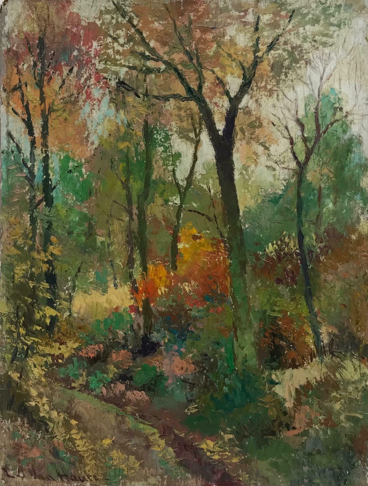 French Schoolantique French Impressionist Signed Oil Autumnal Woodland Pathway