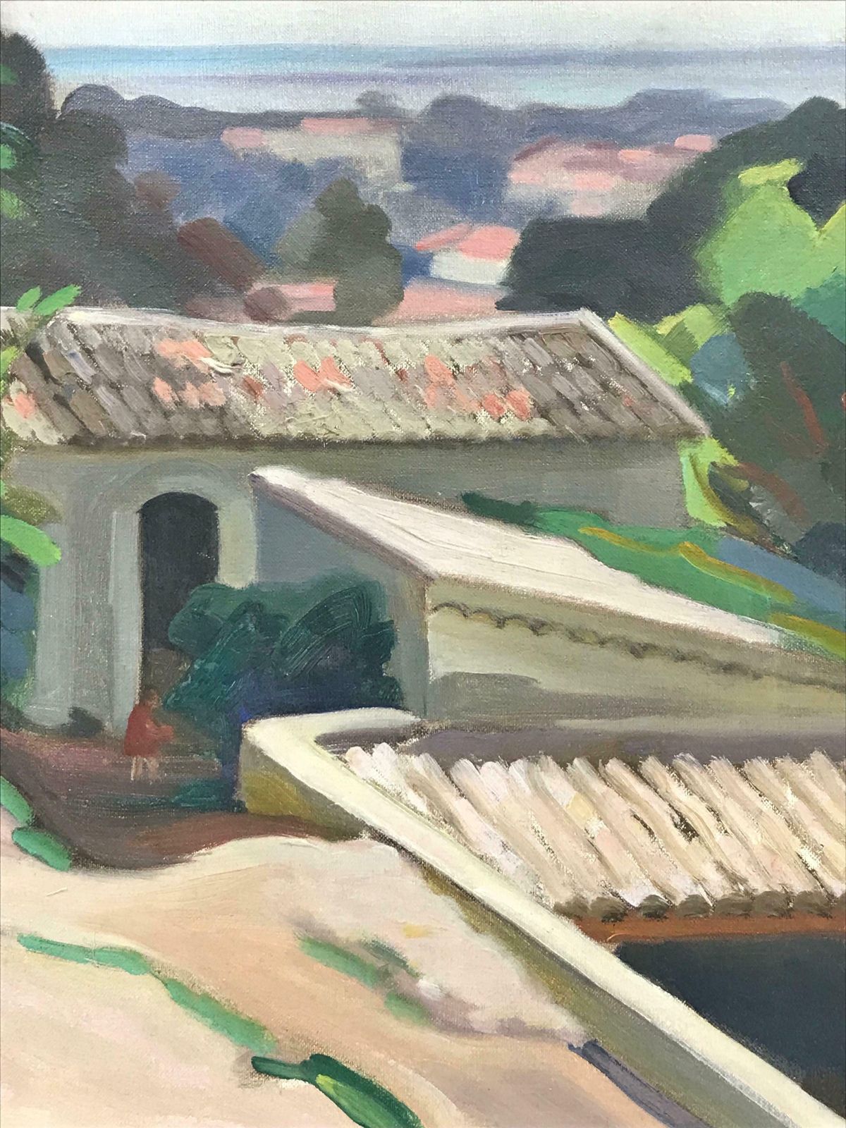 French School1930s French Post Impressionist Oil Painting   Pink Rooftops Over Provence Coast photo 1017.0
