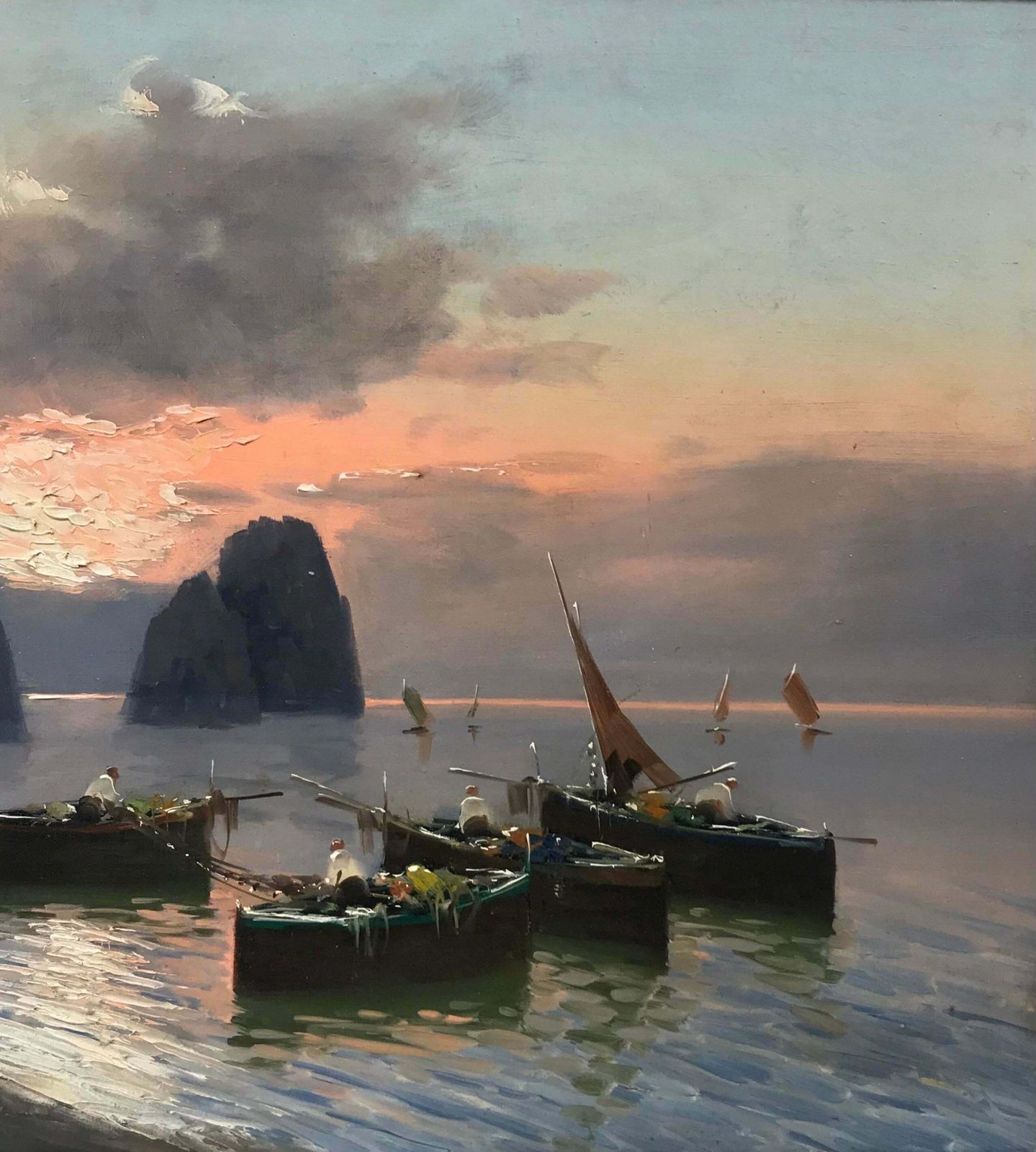 Mid Century Italianfishing Boats At Sunset Off The Neapolitan Coastline, Large Signed Oil Painting photo for sale