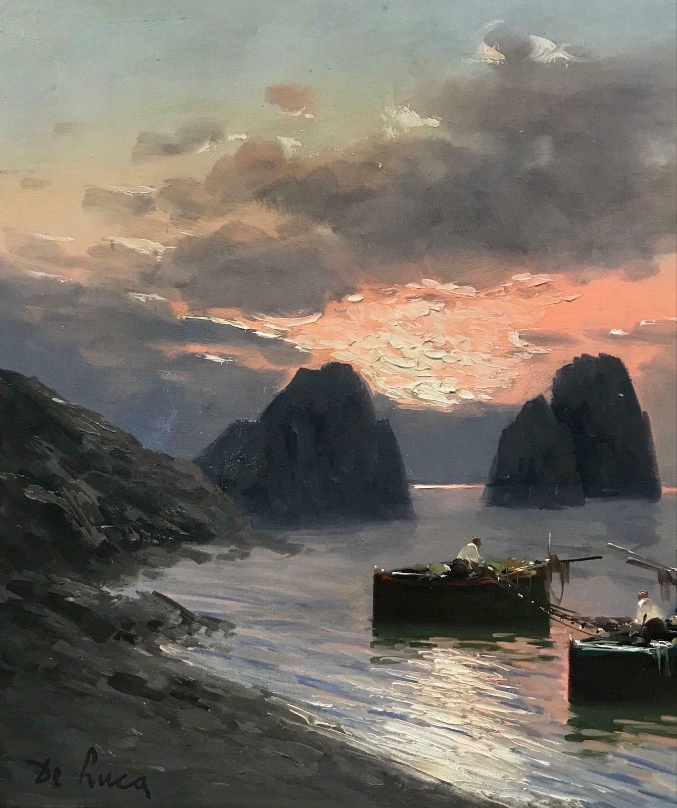 Mid Century Italianfishing Boats At Sunset Off The Neapolitan Coastline, Large Signed Oil Painting photo 1918.0