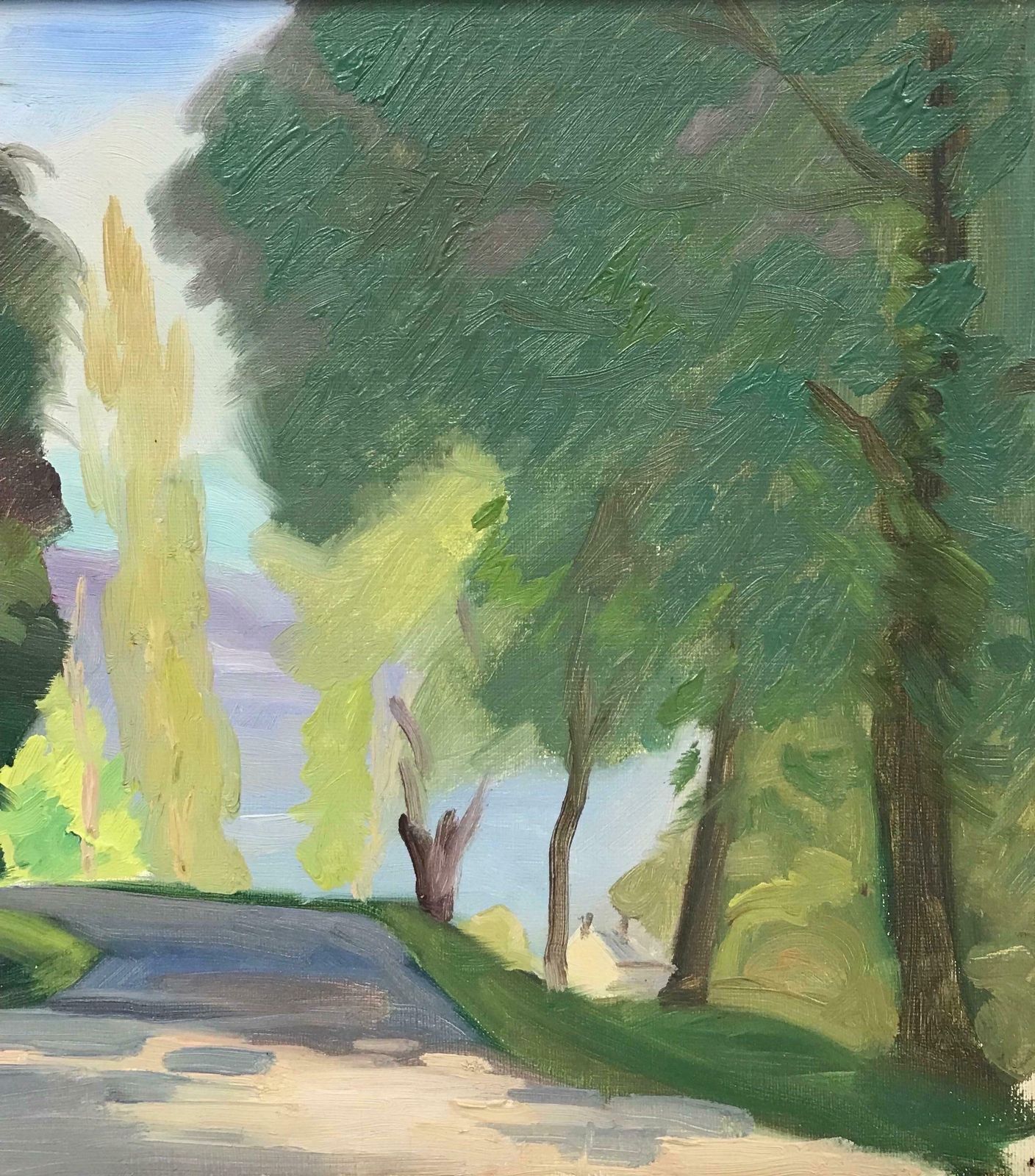20th Century French School1950's French Modernist Signed Oil, Golden Green Landscape Woodland Pathway photo Art