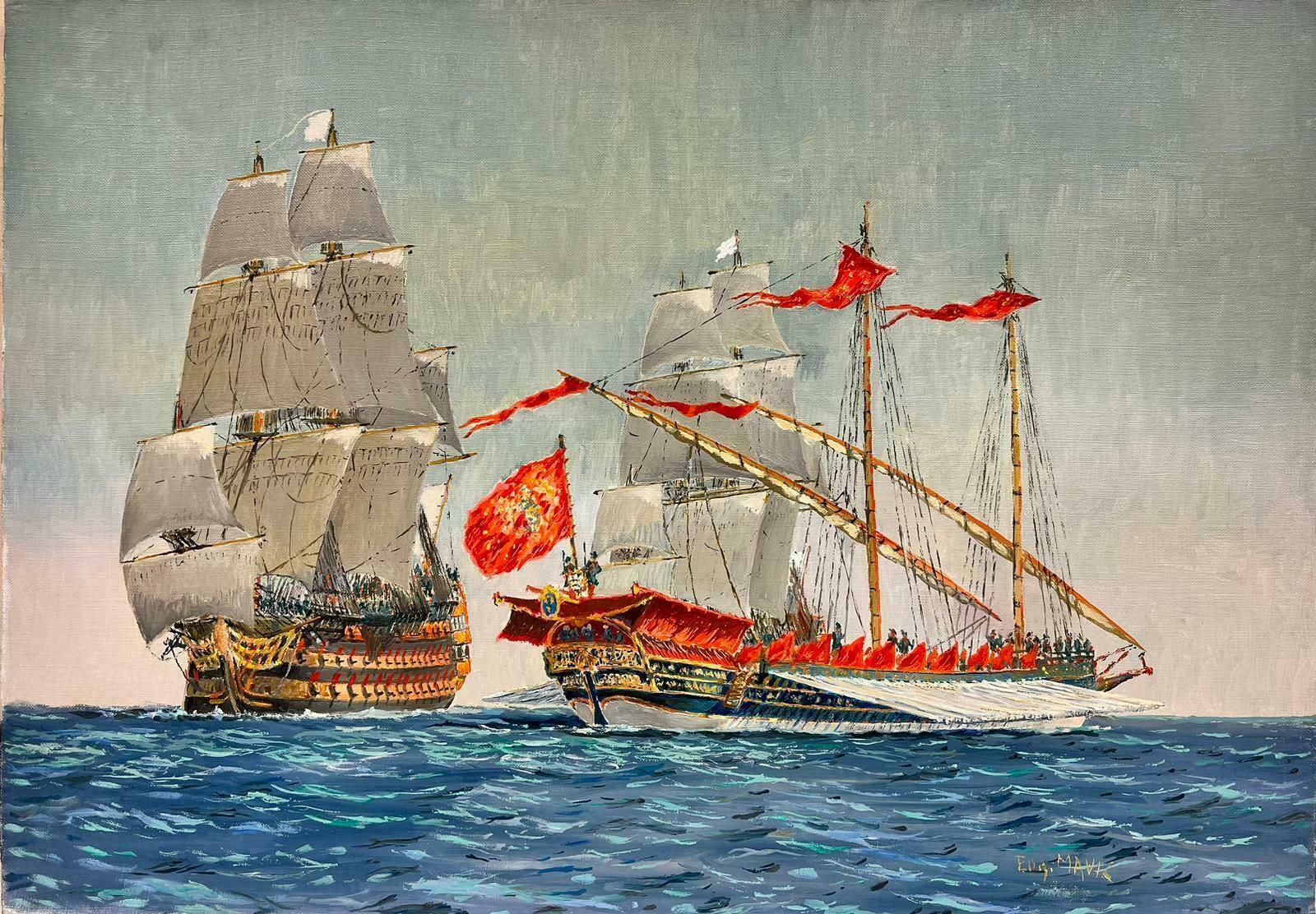 Eug.Mauvienaval Maritime Oil Painting Historical Ships At Sea, Finely Detailed Work