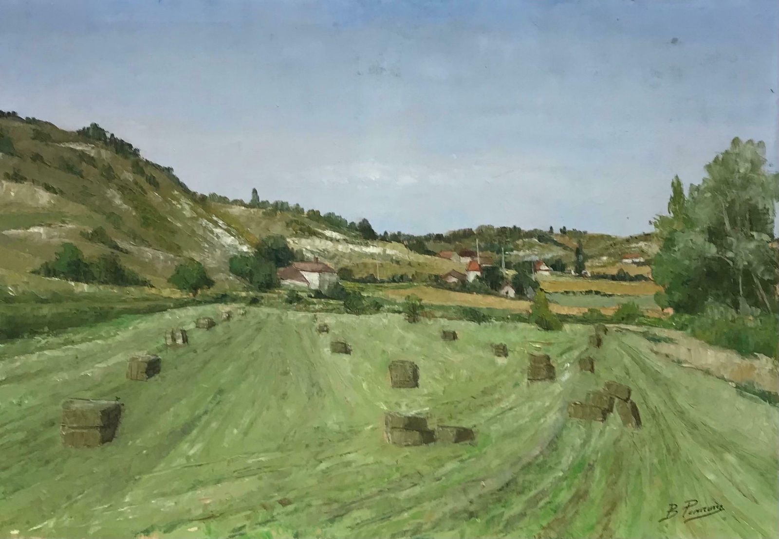 Bernard Perronehay Bales Harvest Green Fields, Large French Landscape Signed Oil Painting